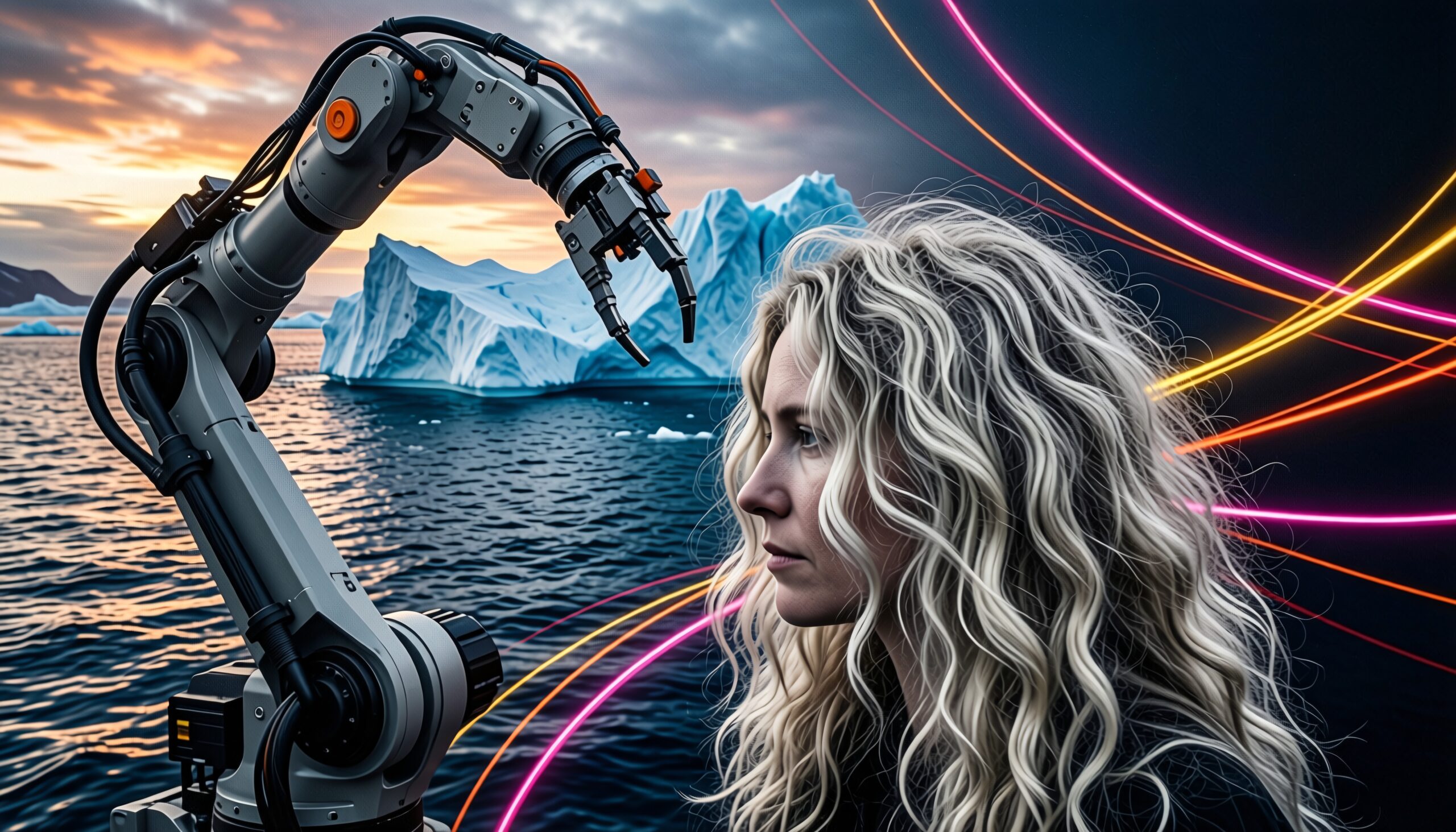 A robotic arm and a person against a serene ocean with icebergs, under a vibrant sky with neon streaks.