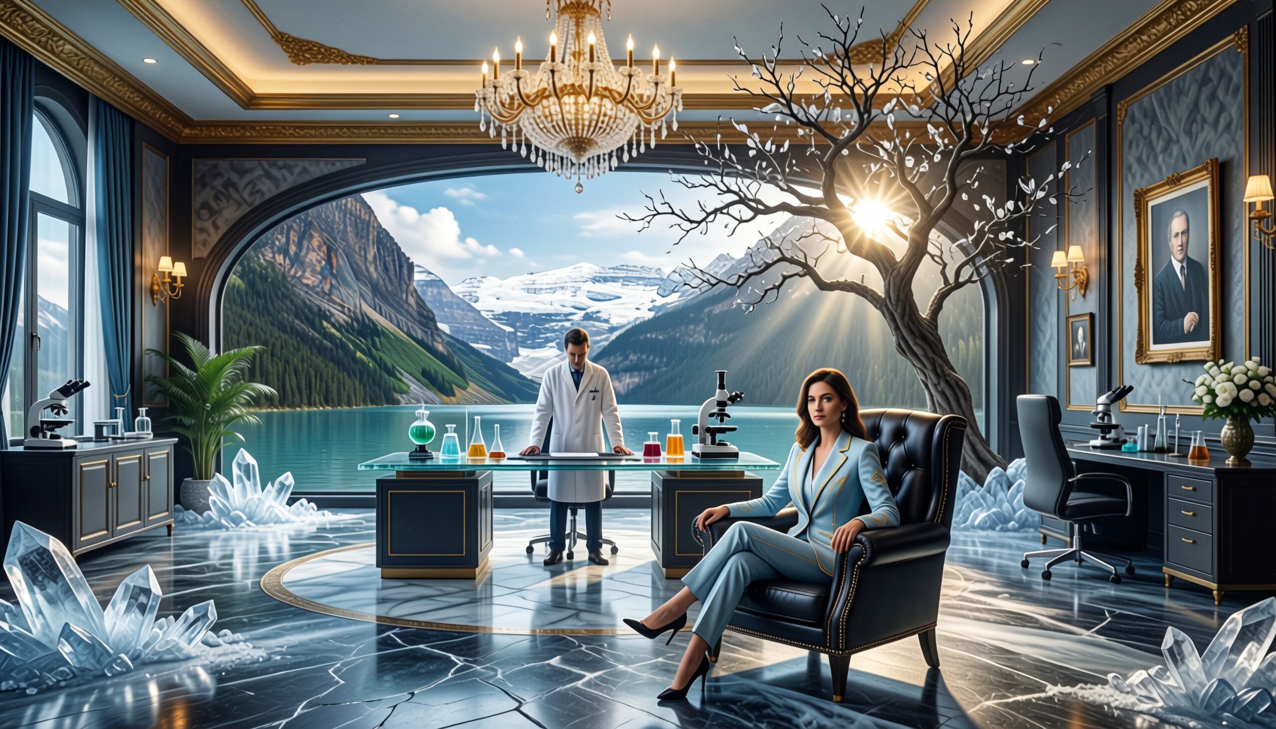 Luxurious office space with mountain view displaying a mix of science and elegance, featuring a man in a lab coat and a seated woman in a suit.