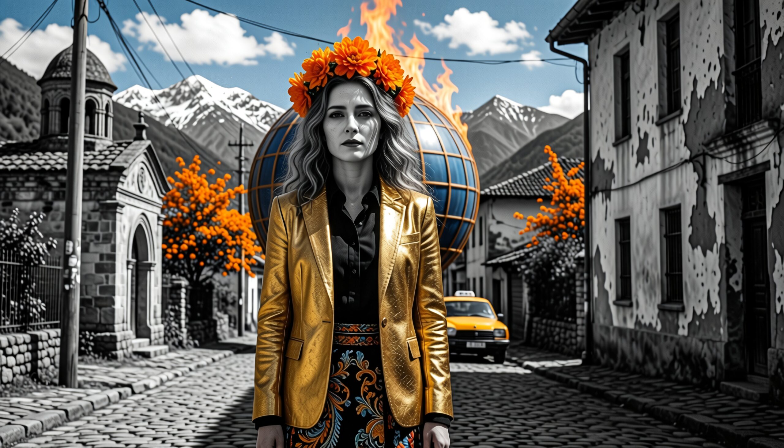 A woman in a gold blazer stands on a cobblestone street with a fiery sphere in the background in a surreal, color-contrasted scene.