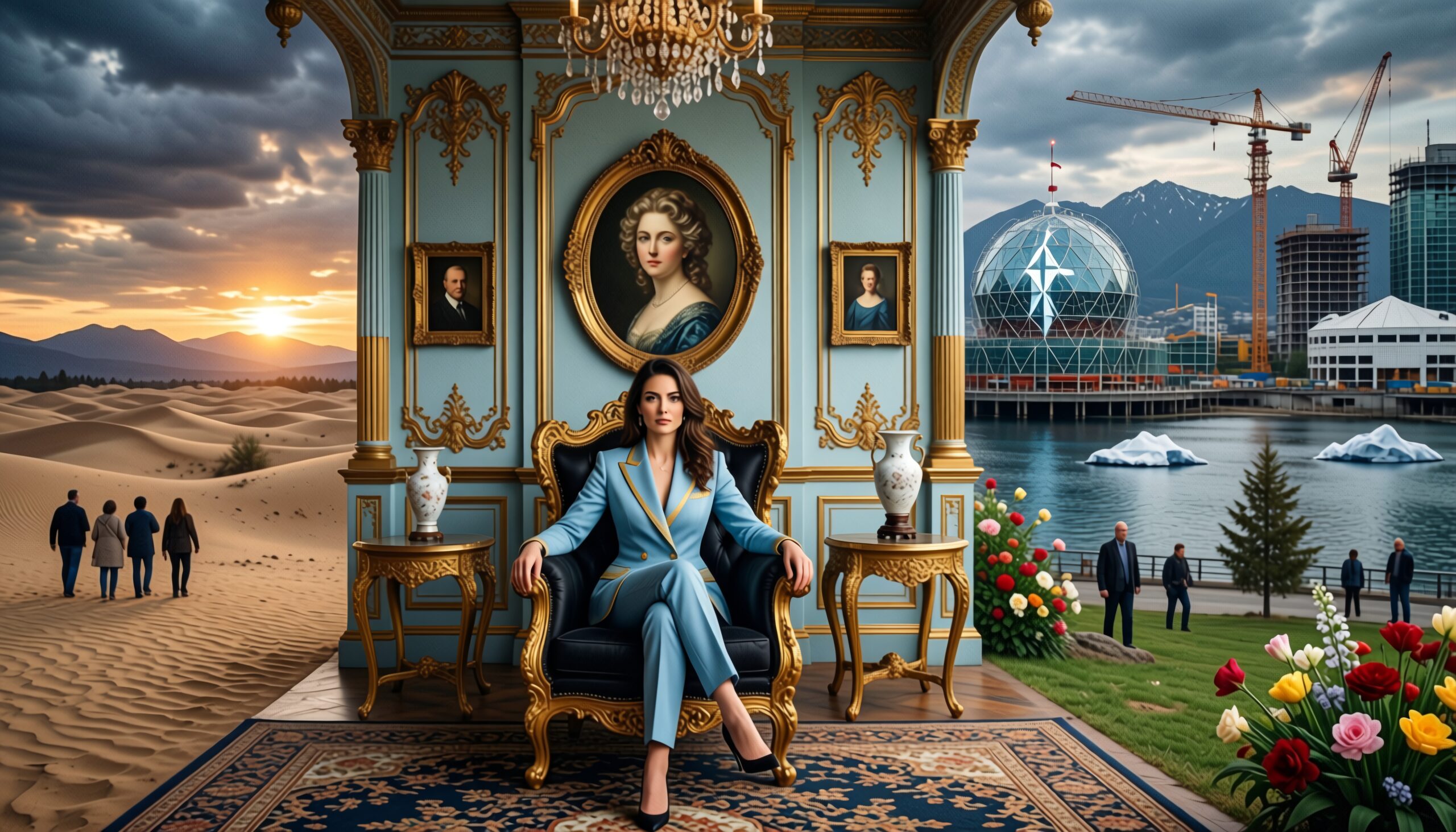 A woman sits in a luxurious room with contrasting views of a modern city and a serene desert landscape outside.