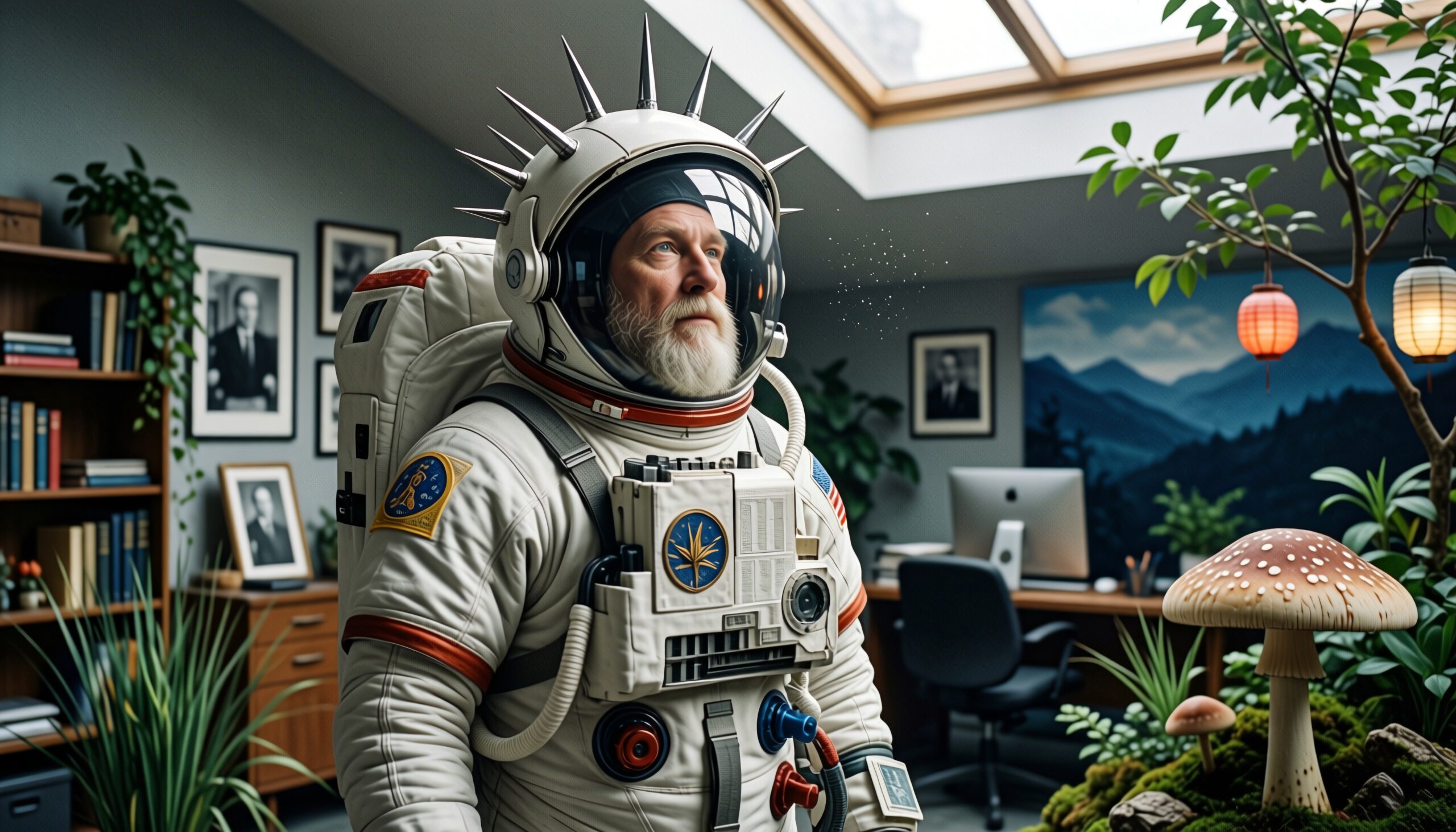 Astronaut in an office surrounded by plants and space-themed decorations.