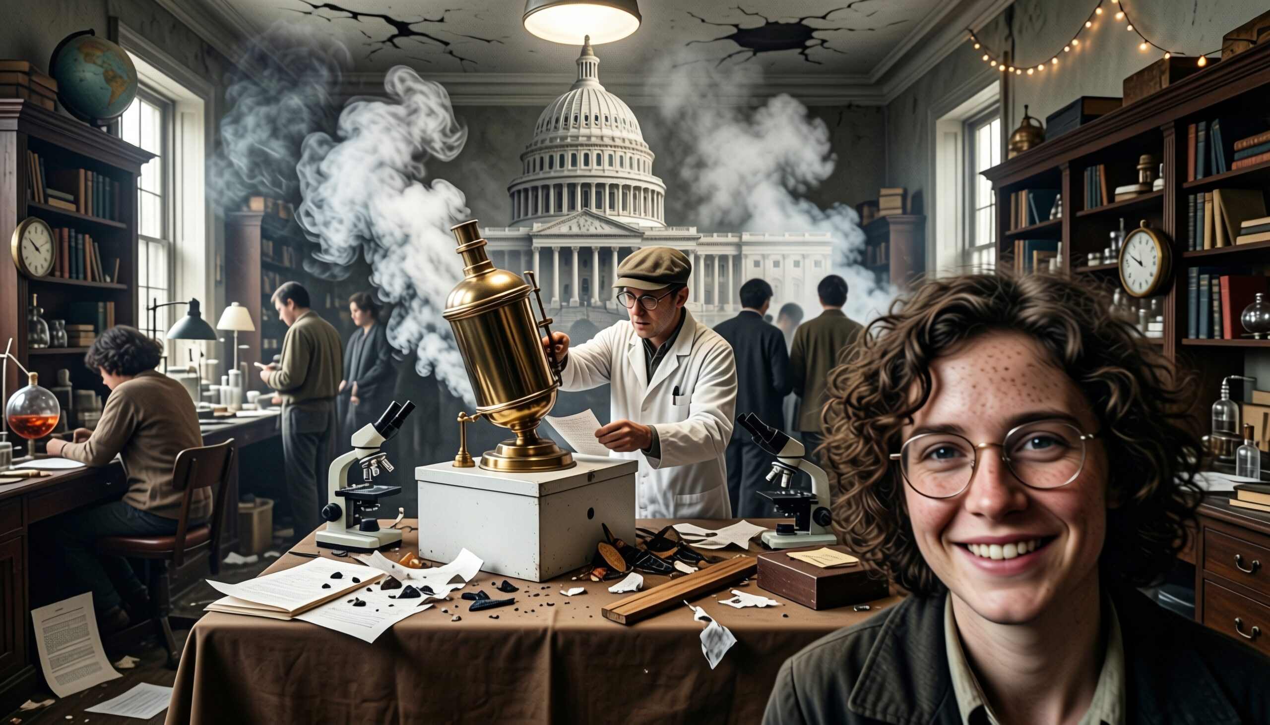 A scientific experiment unfolds in a vintage lab with a Capitol building backdrop.