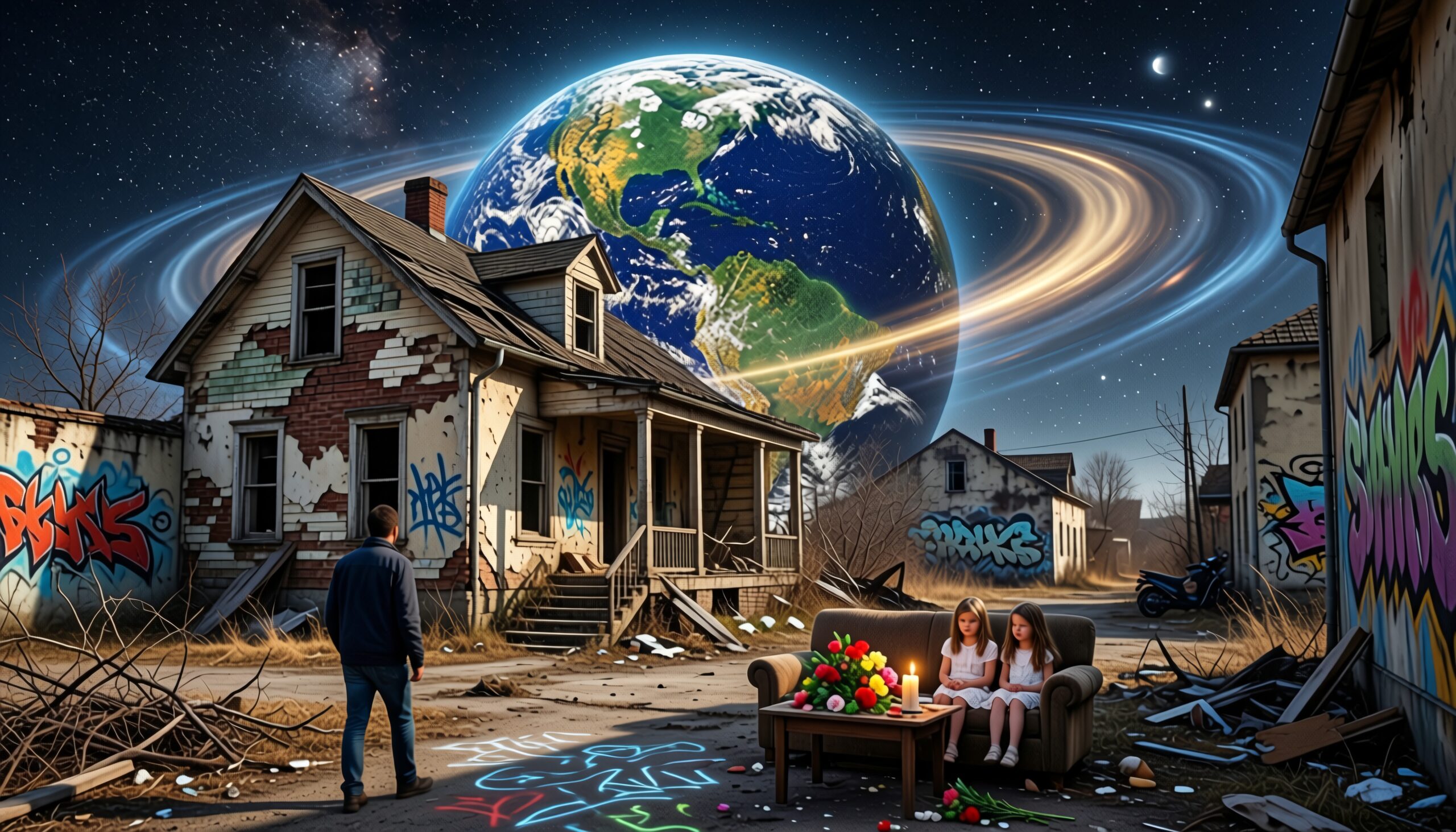 A man and two girls in an abandoned neighborhood with a surreal cosmic backdrop.