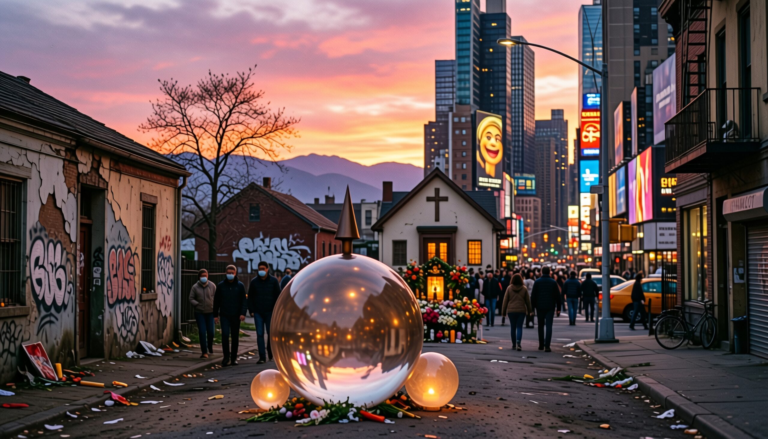 A vibrant city street at sunset with graffiti, an art installation, and bustling pedestrians.