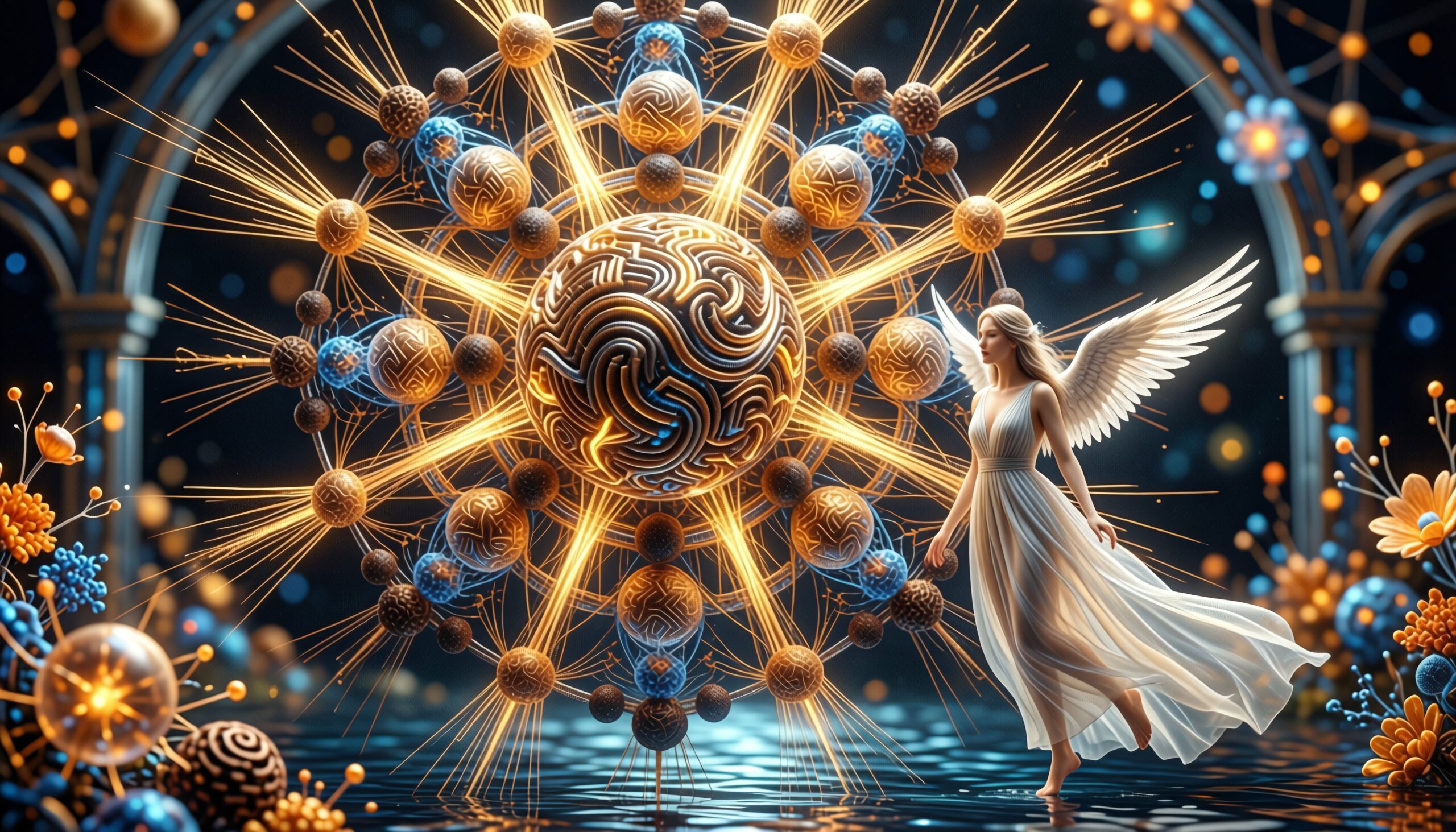 A celestial scene with an angel, glowing spheres, and radiant cosmic light.
