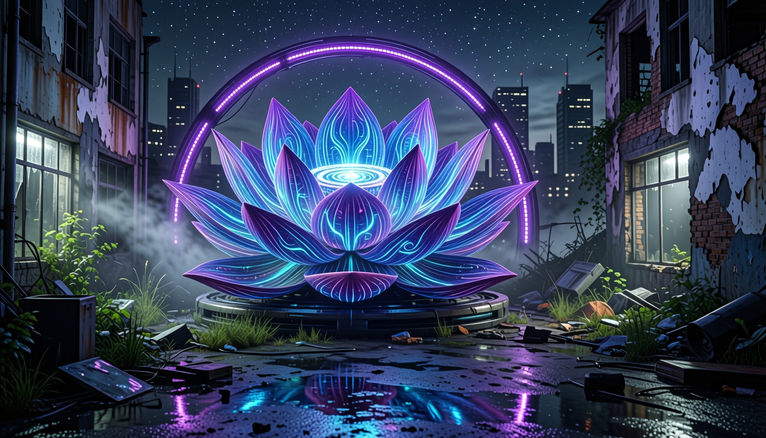 Futuristic cityscape with glowing lotus flower.