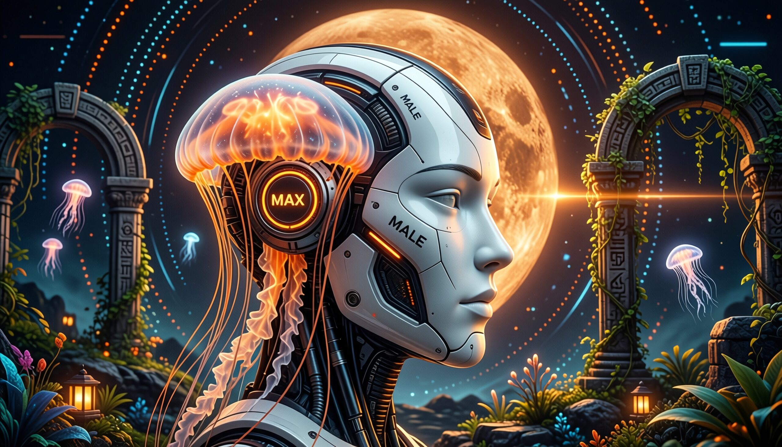 Futuristic robot with glowing brain stands in mystical night garden.