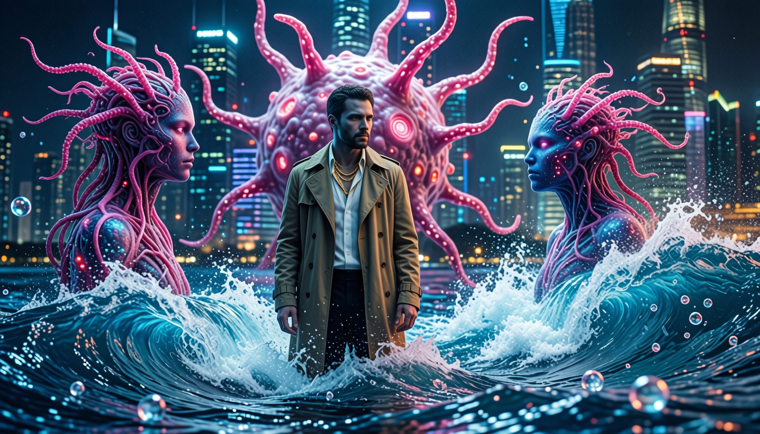 A man stands in ocean waves flanked by alien figures against a neon city backdrop.