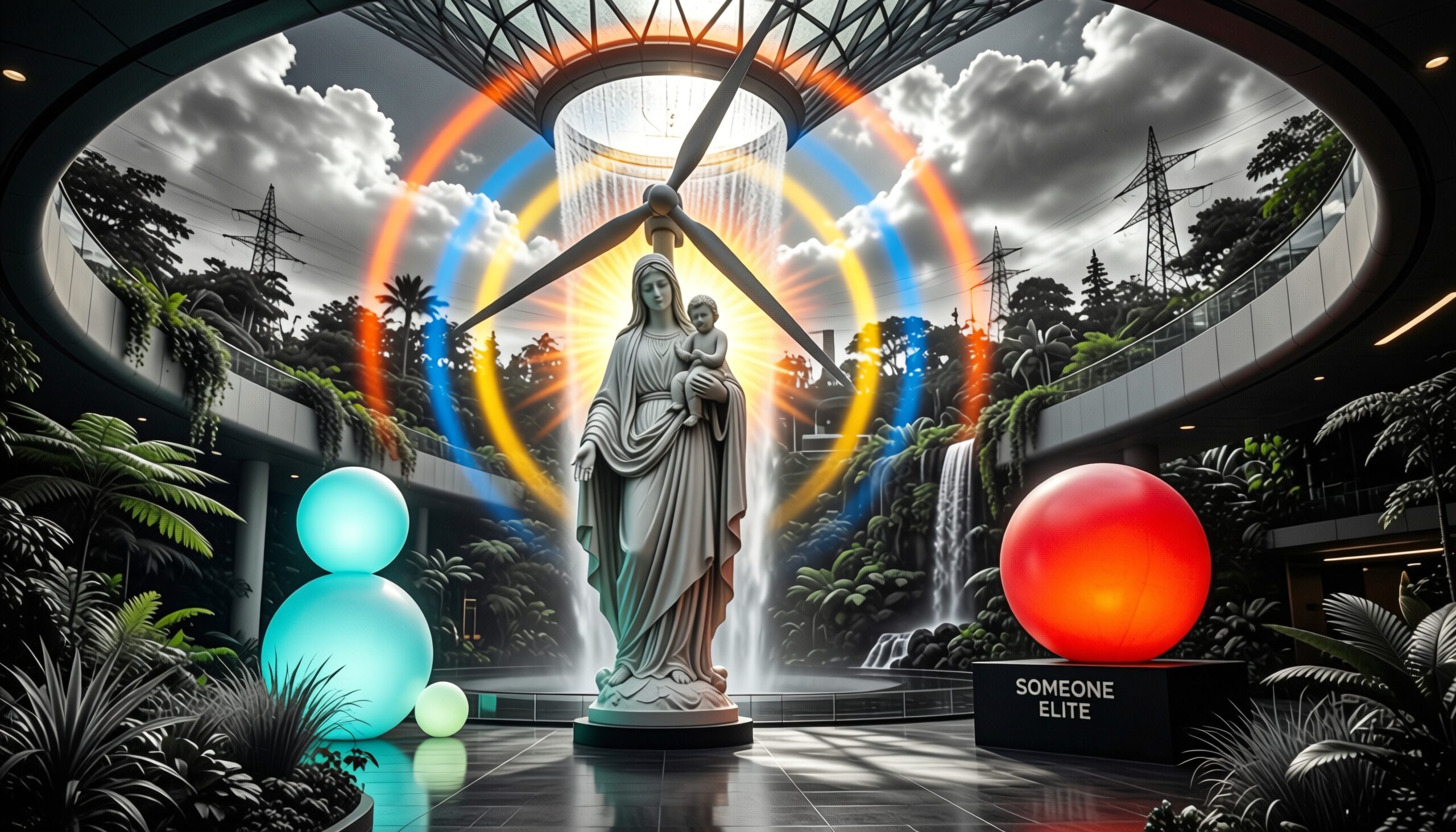 A modern atrium with a classic statue, glowing spheres, waterfall, plants, and wind turbine under a glass roof.