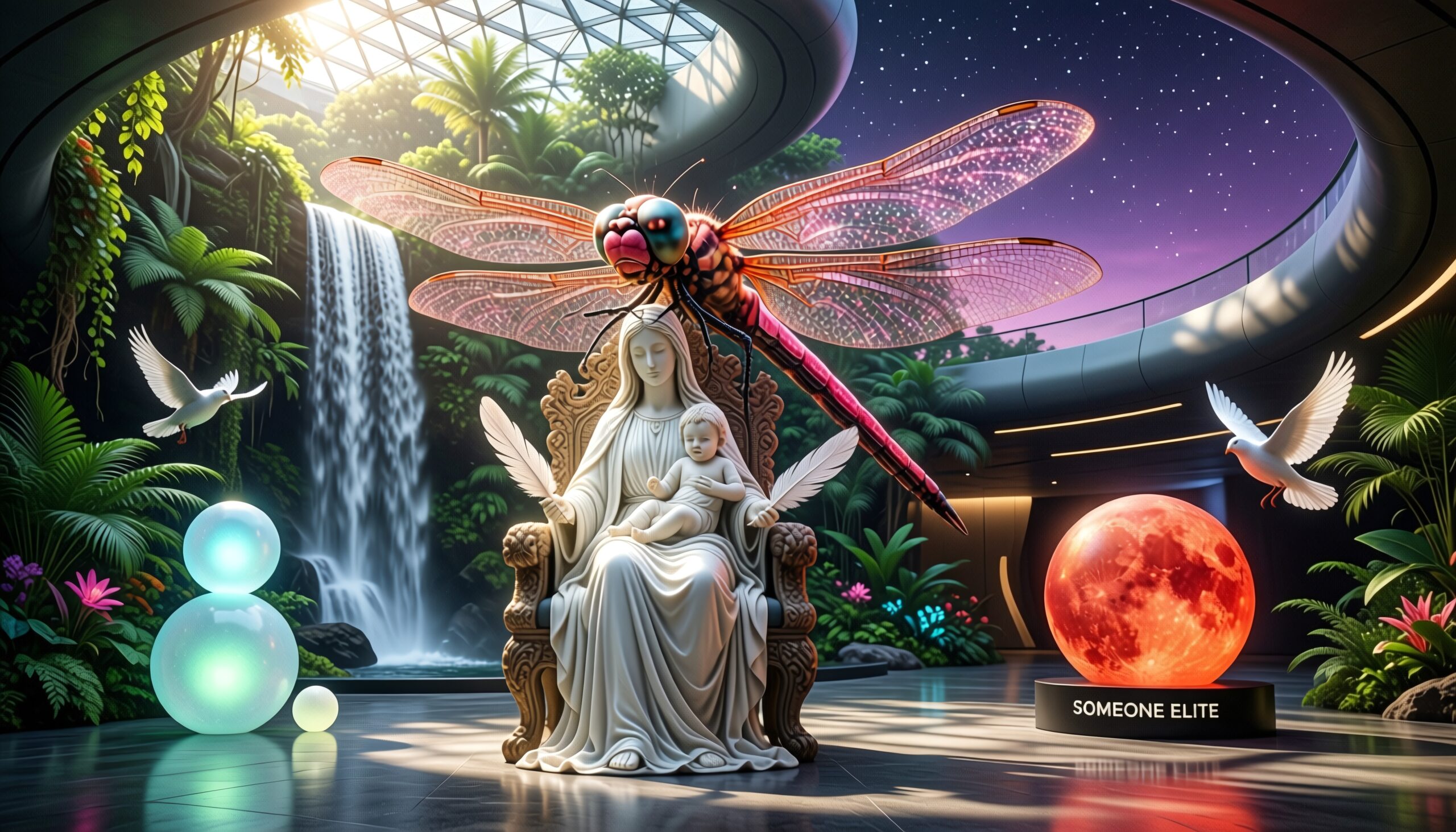 A mystical indoor garden featuring a formidable dragonfly, serene statue, lush greenery, cascading waterfall, and glowing moon.