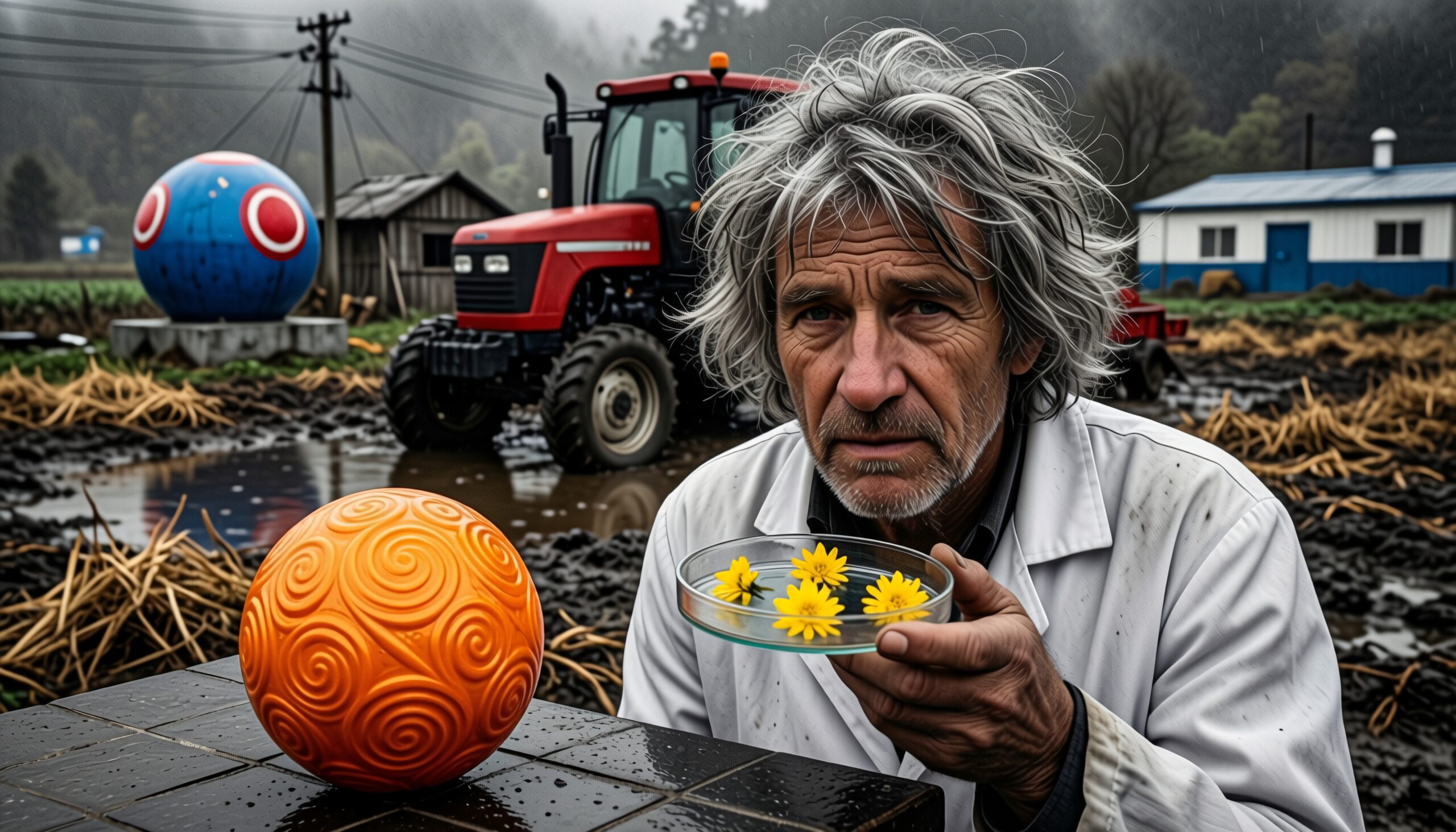 A man holds flowers in a field with a tractor and colorful spheres.