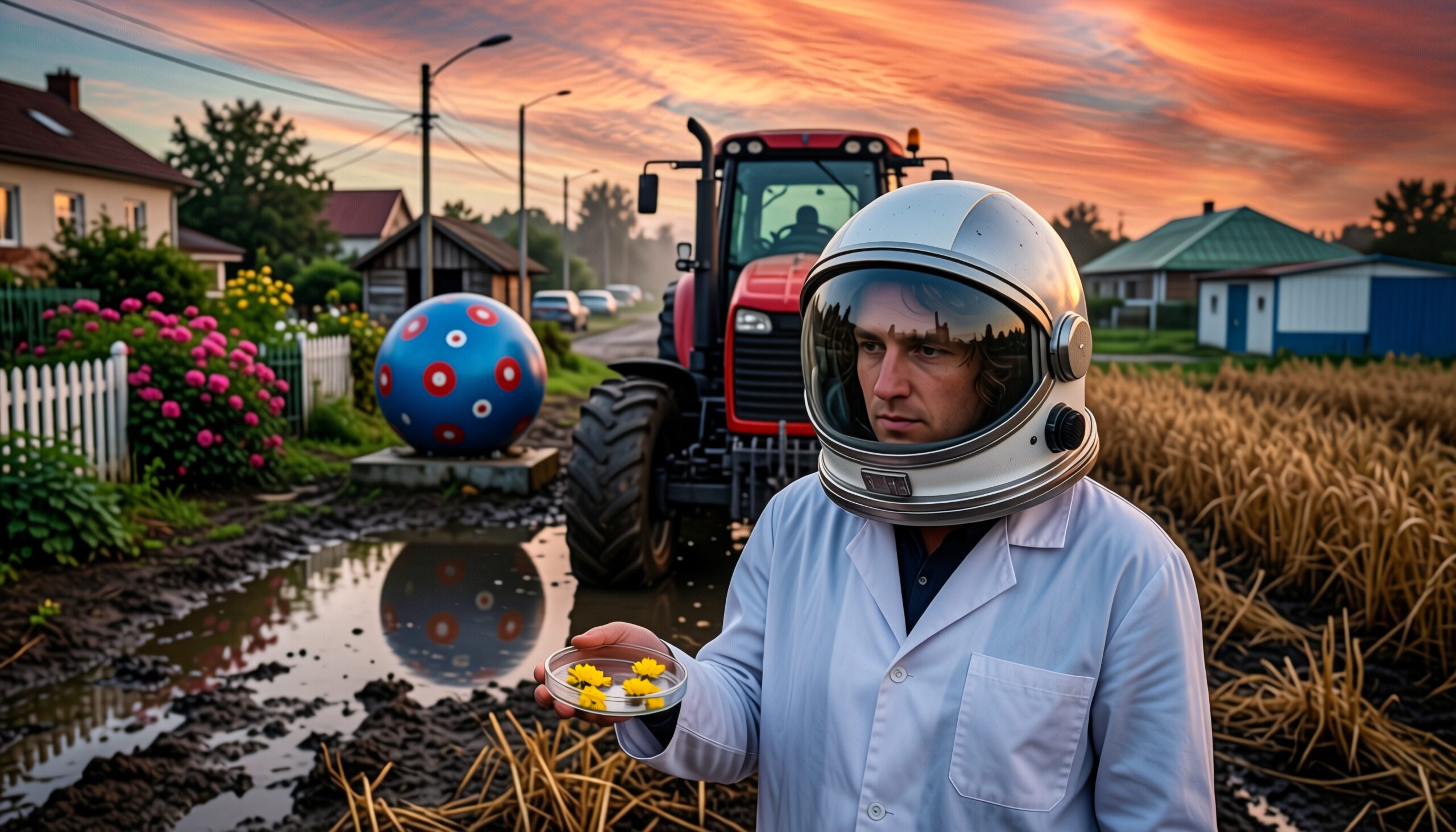 An astronaut in a farm holding flowers with a sunset and tractor in the background.