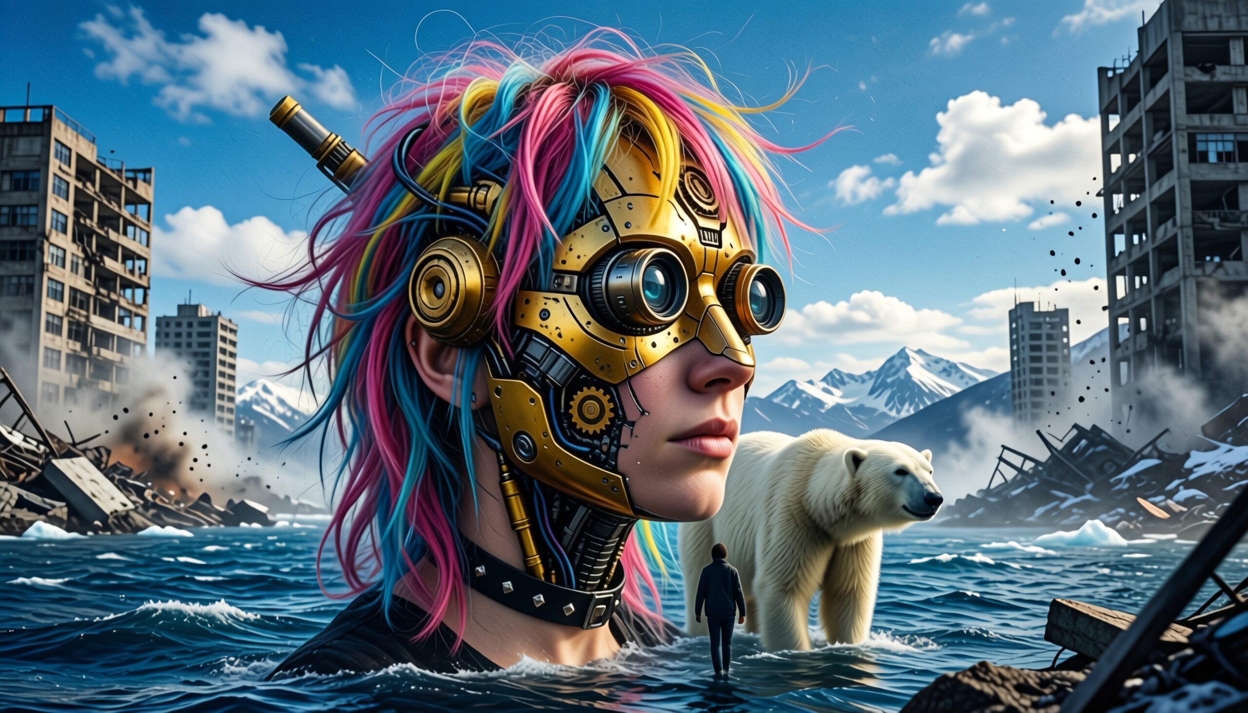 Futuristic cyberpunk scene with colorful-haired individual and polar bear amidst urban ruins.