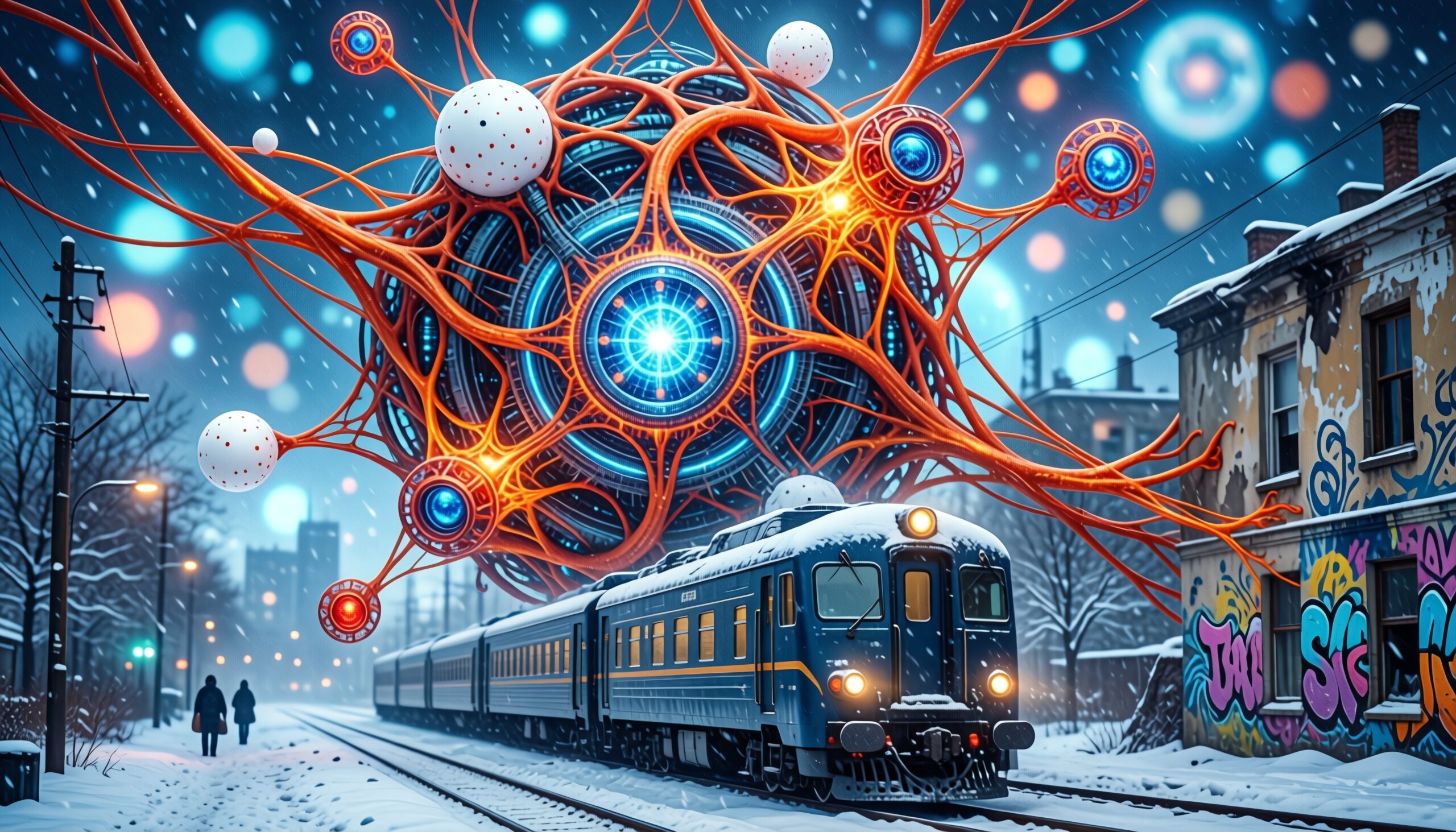 A surreal winter scene with a train under a floating orange and blue sphere, urban graffiti backdrop.