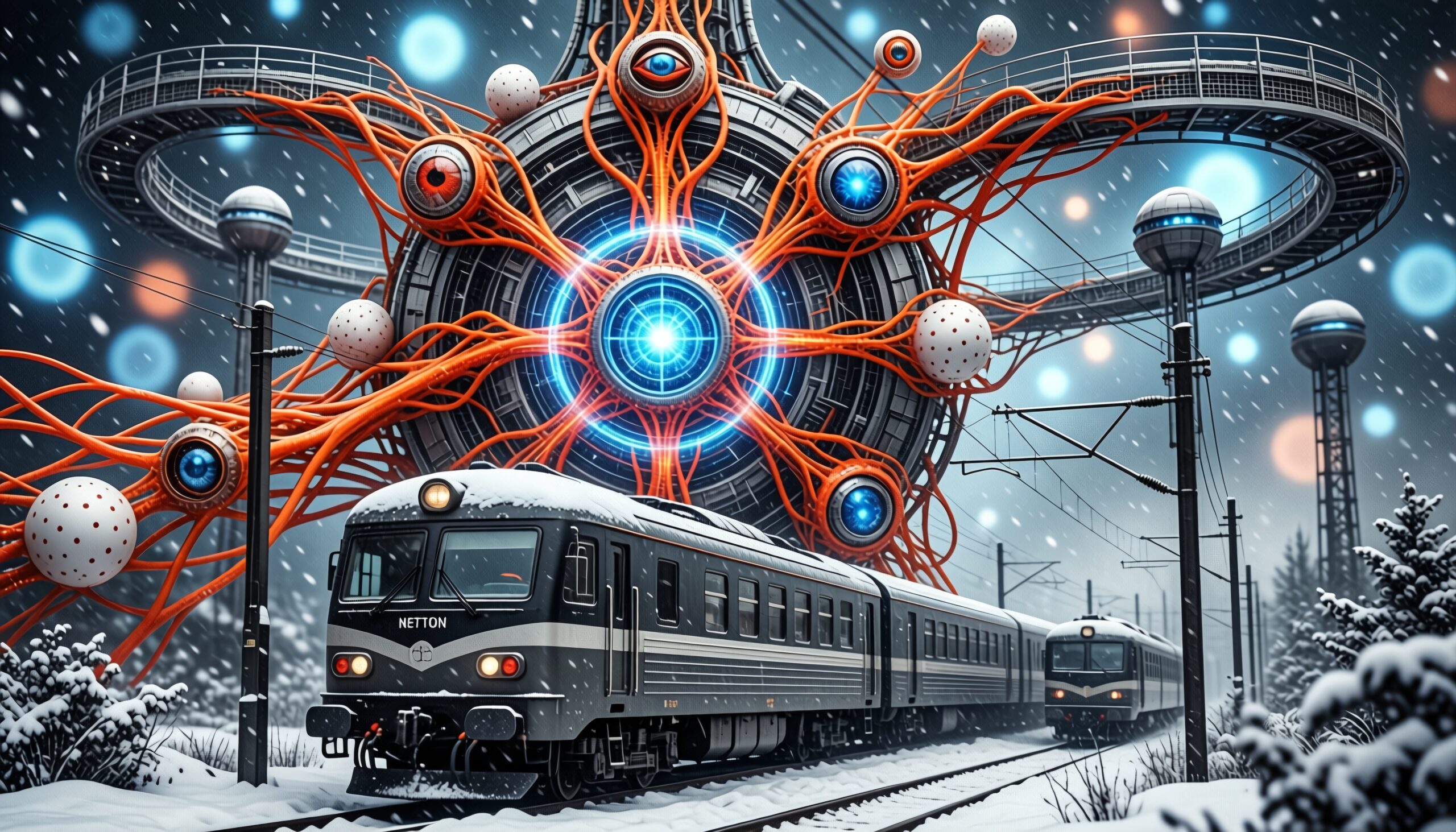 A futuristic train travels in a snowy landscape featuring an alien-like structure with bright lights and tendrils.