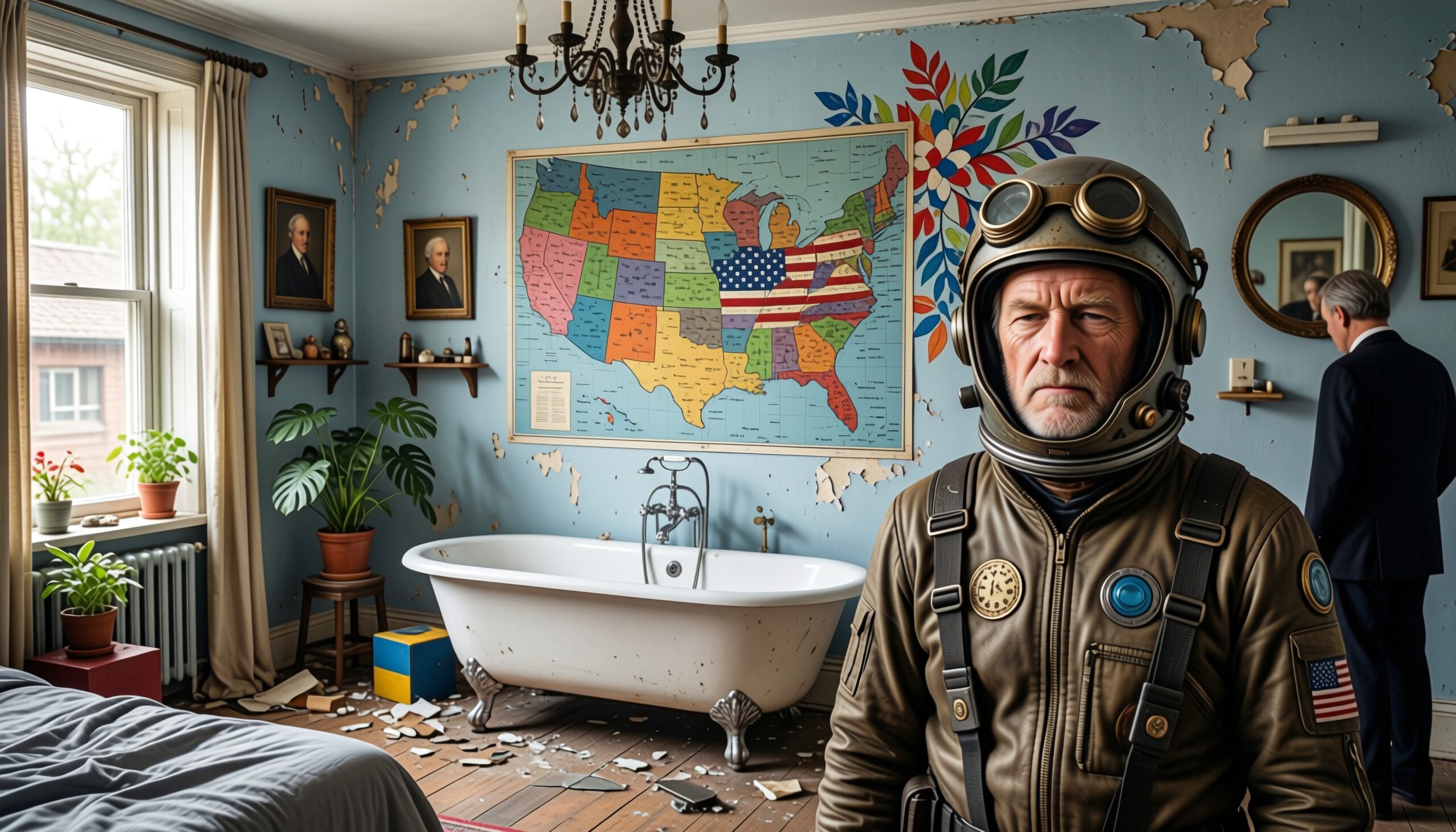 Astronaut in vintage suit stands in eclectic room with U.S. map.