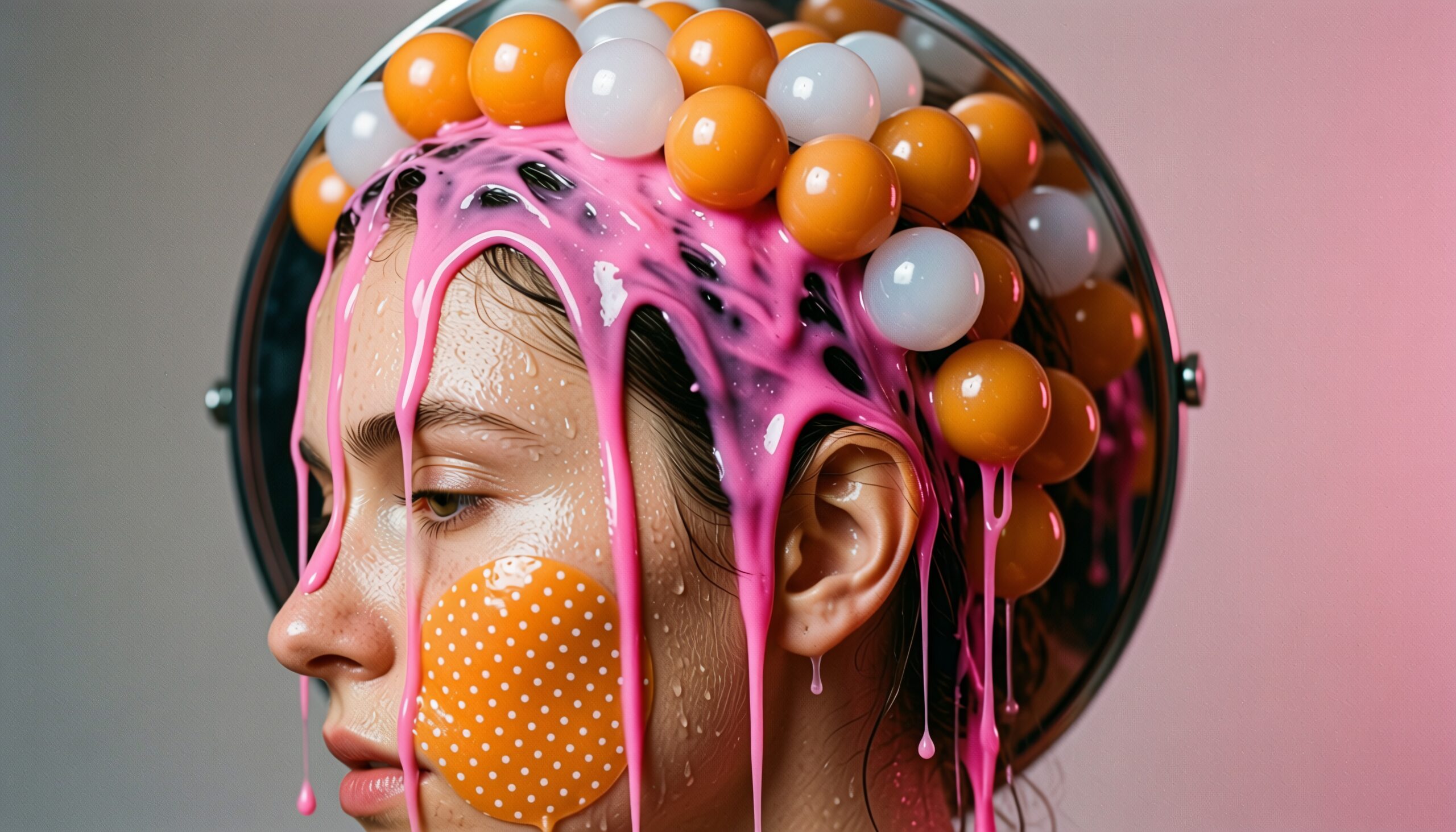 Close-up of a headpiece with dripping pink substance over orange and white balls, creating an artistic and surreal look.