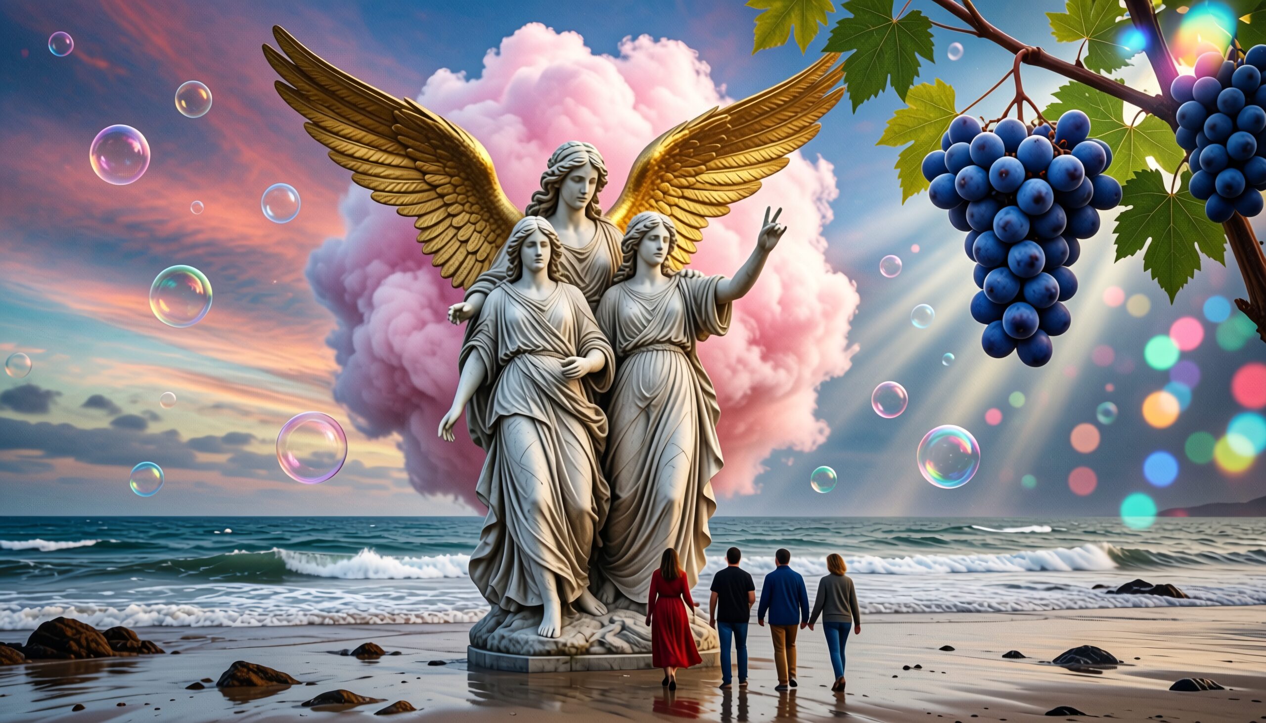 Angel statues by the beach during a surreal sunset with bubbles and grapes.