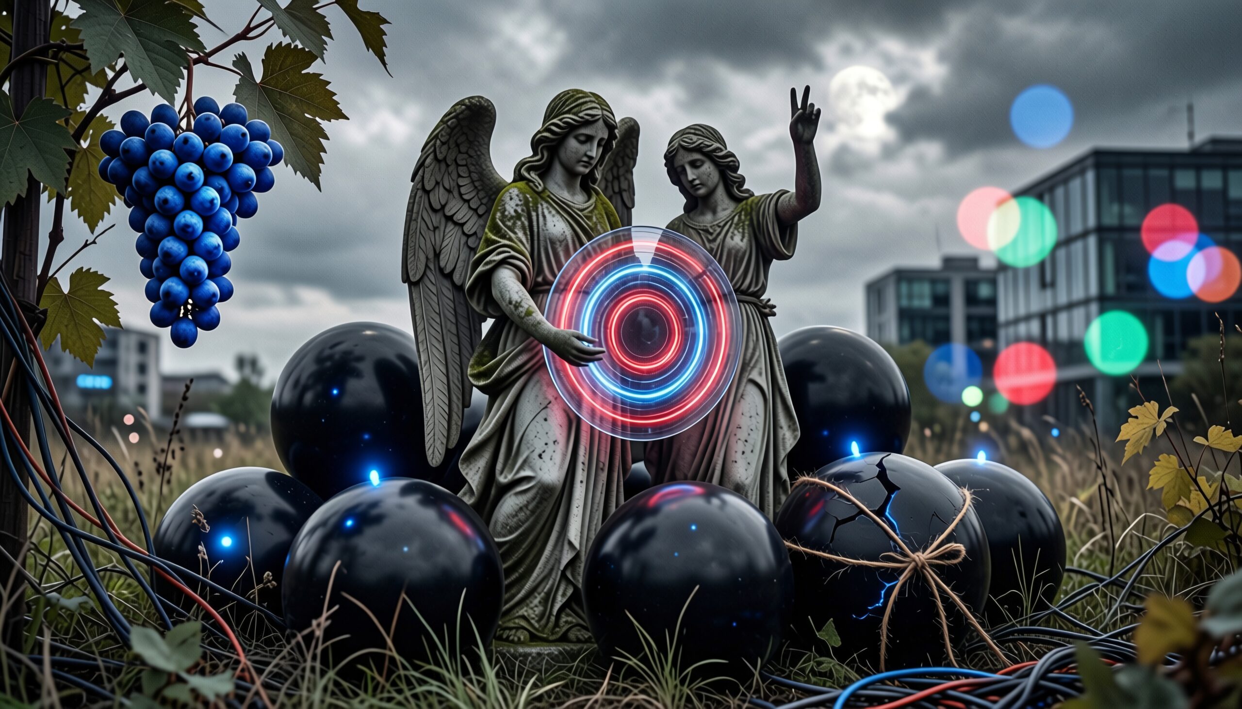 Two angel statues amidst surreal landscape featuring neon lights, black orbs, and modern architecture under a cloudy sky.