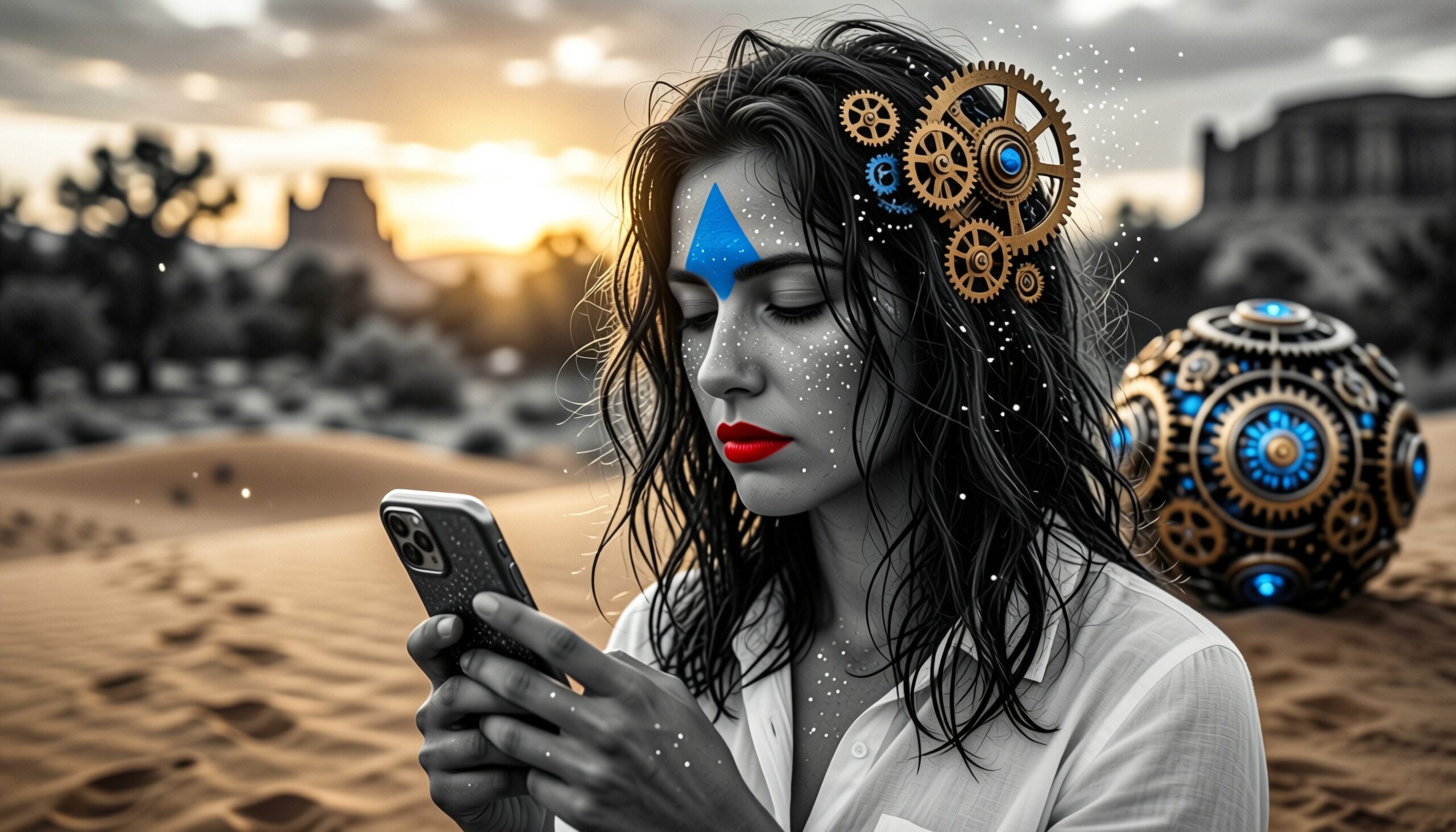 A woman with gears in hair checks her phone in a desert, blending natural and futuristic elements.