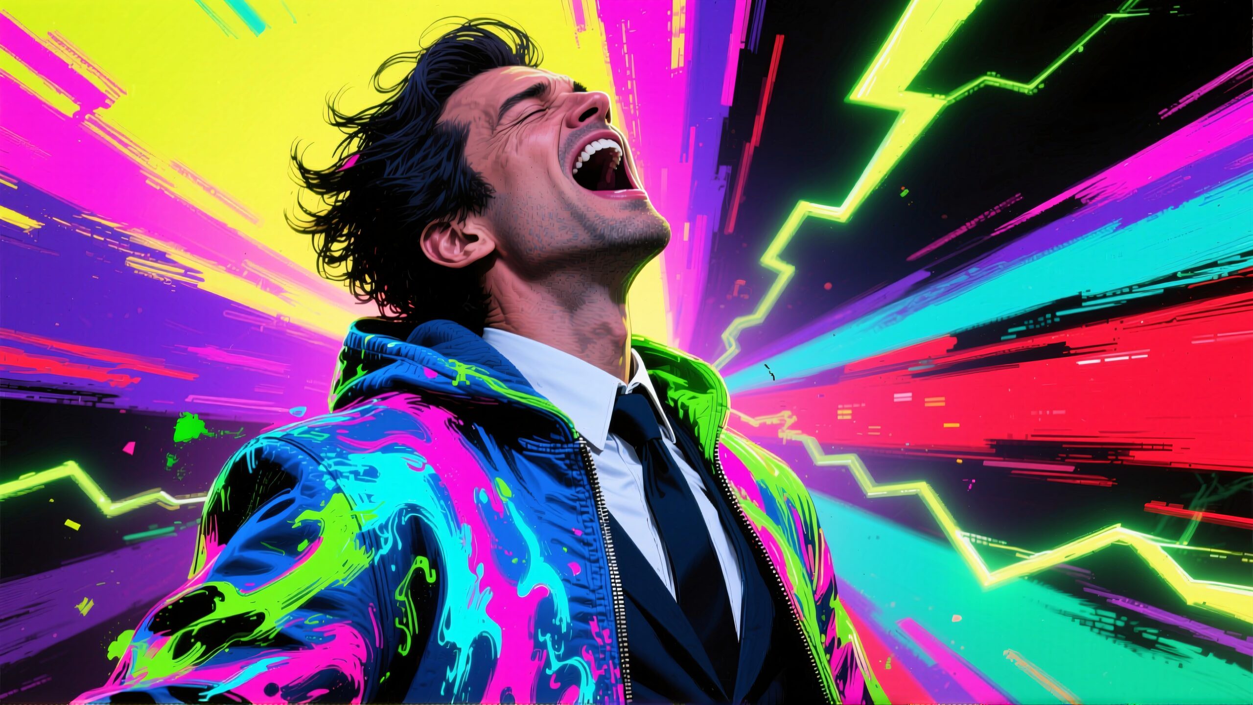A man in a colorful, electric jacket leans back with energy, surrounded by vibrant, neon lines and shapes.