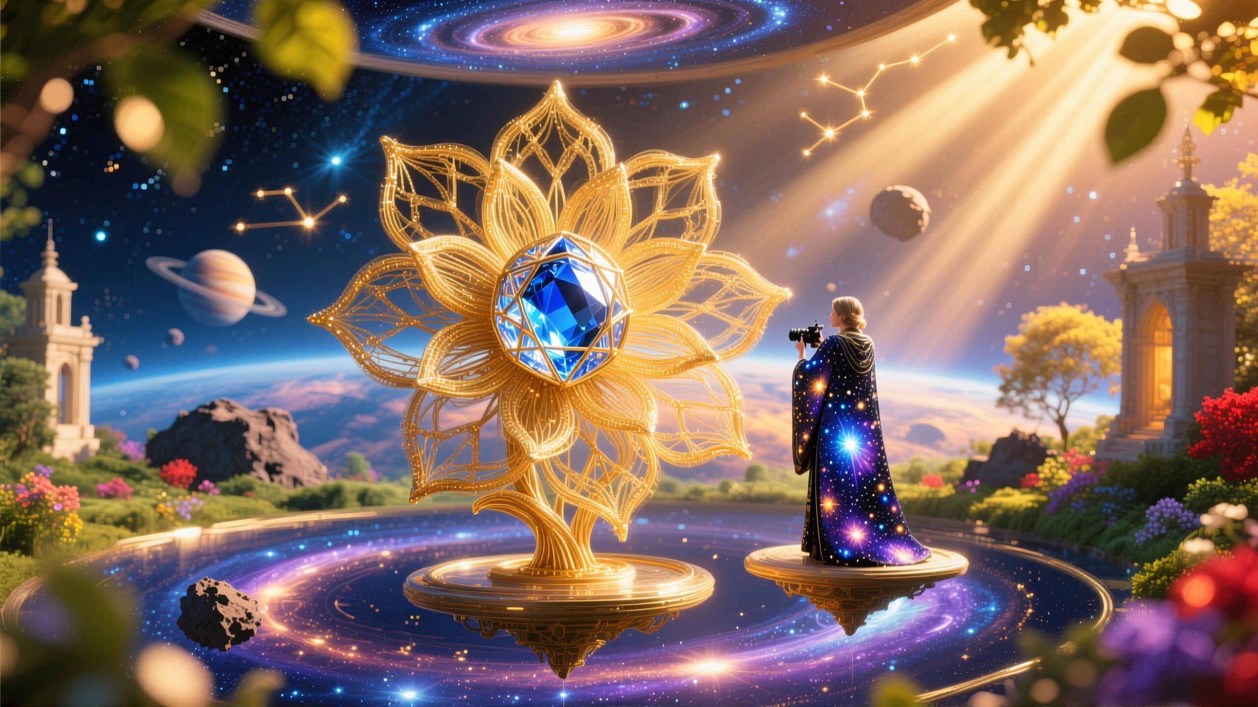 A mystical garden with a cosmic, golden structure under a vibrant celestial sky.