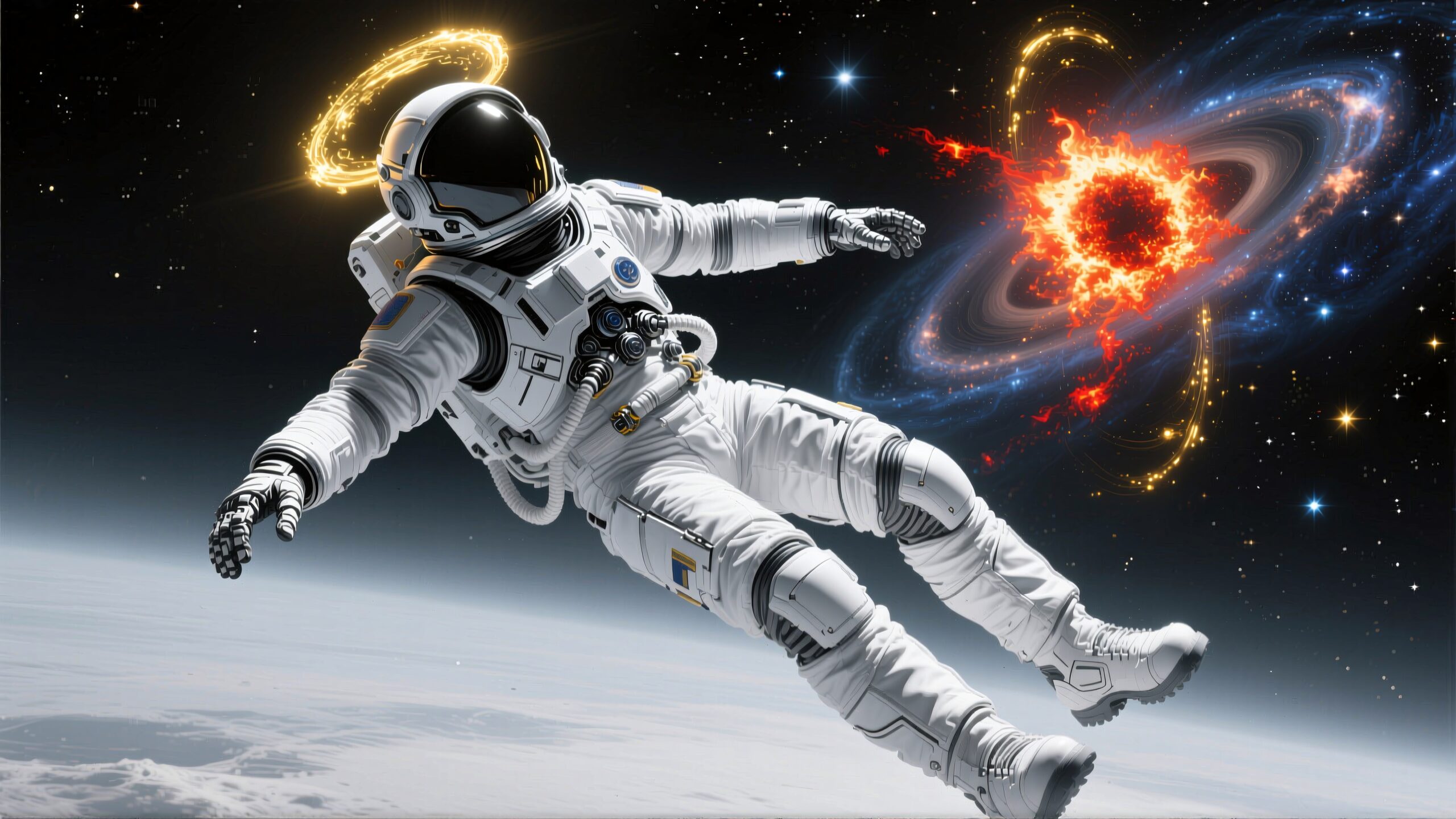 Astronaut floating near a luminous, swirling black hole in outer space, surrounded by stars and the planet below.