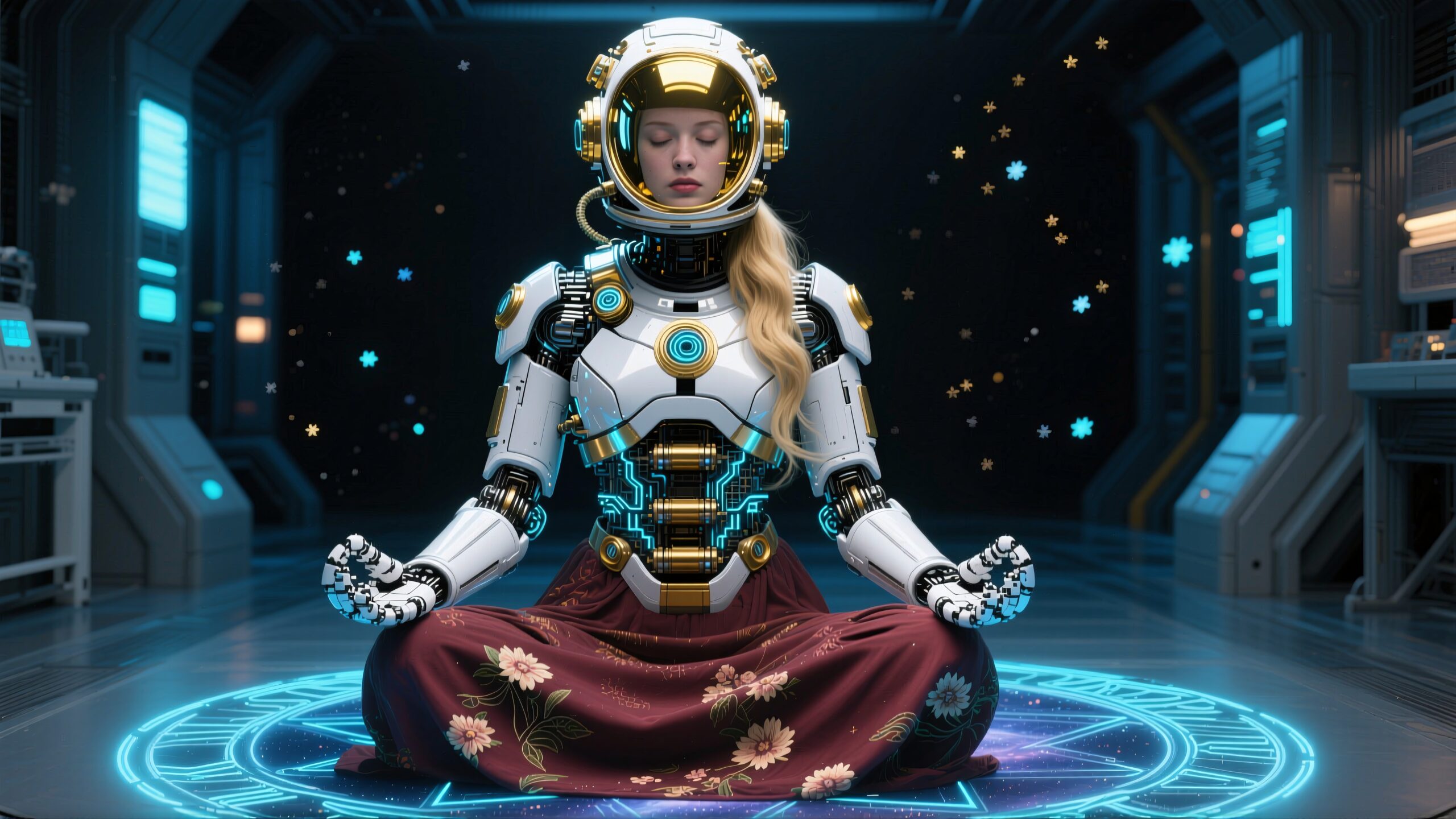 Futuristic humanoid meditating in space station, blending technology and nature.