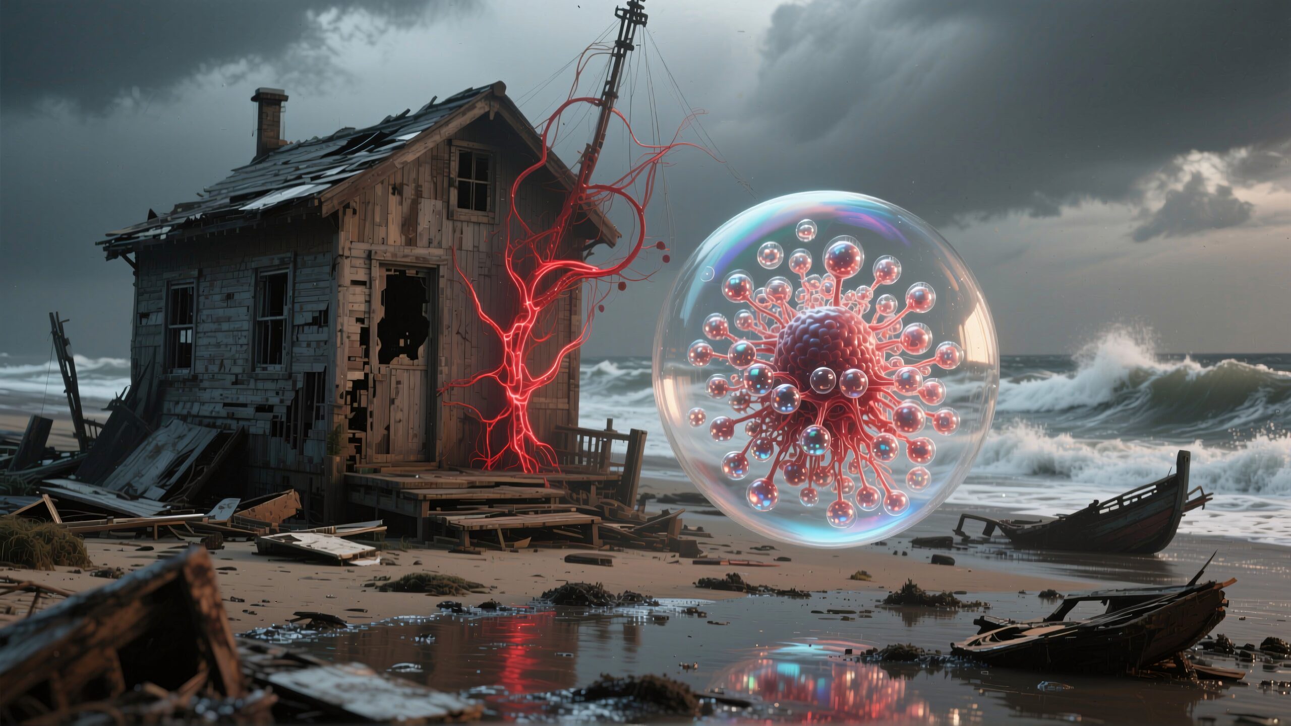 Surreal scene of decaying house with giant floating virus sphere on stormy beach.