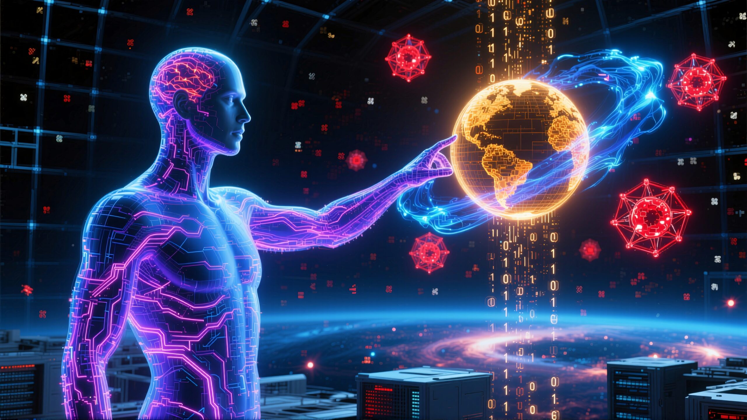 Digital humanoid interacting with a glowing Earth, surrounded by binary and futuristic elements, in a high-tech setting.