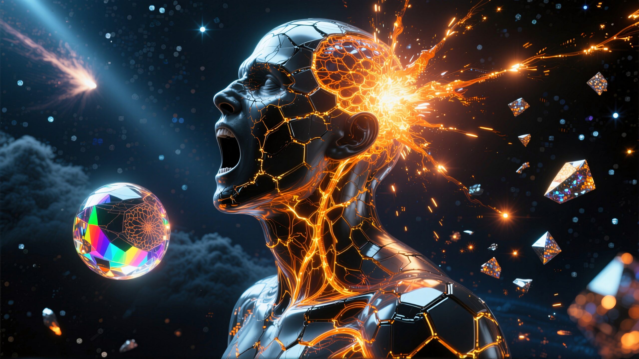 Futuristic humanoid head exploding with vibrant cosmic energy.