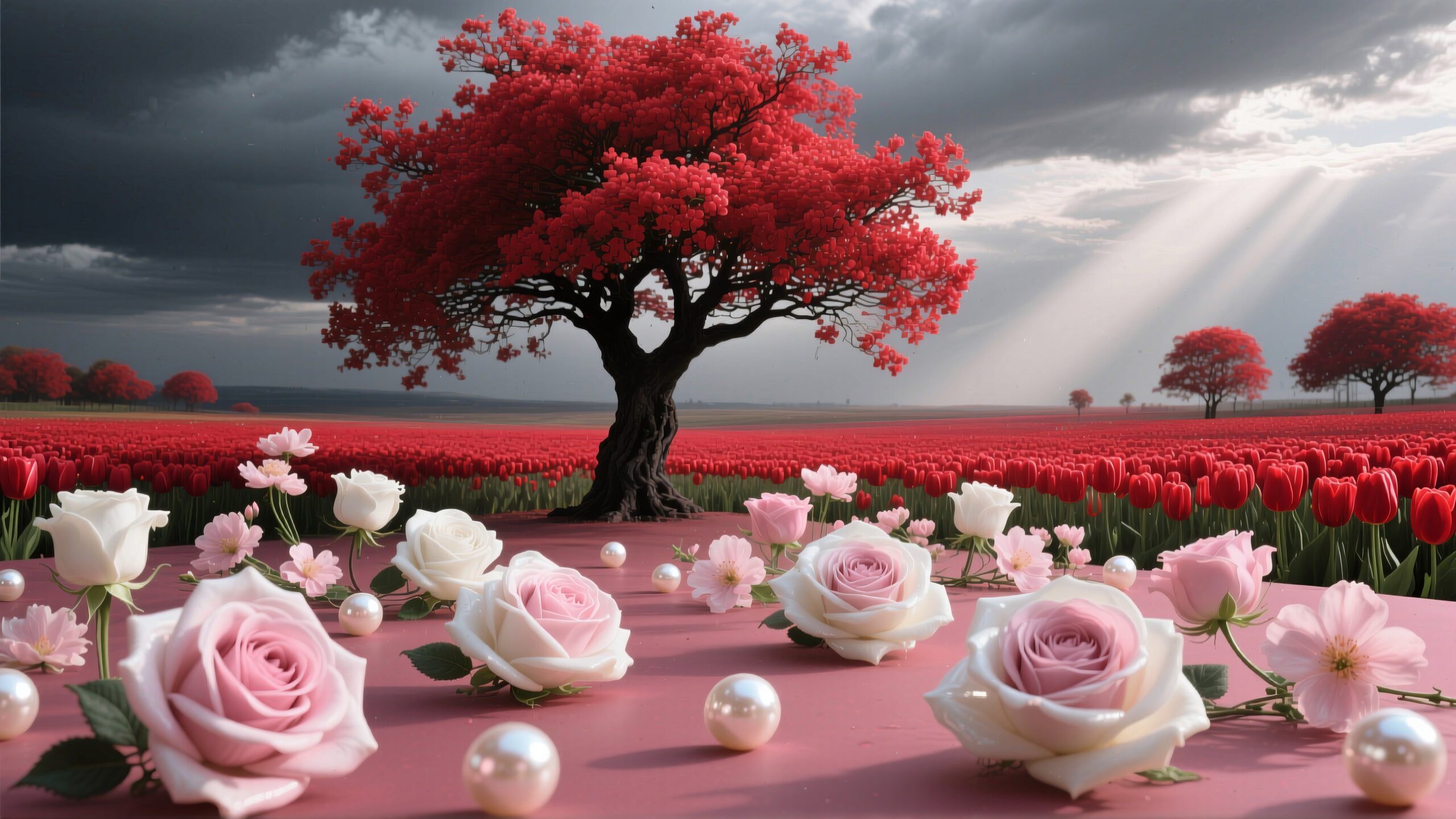 A solitary red tree in a field of red tulips is complemented by pink and white roses and pearls under a dramatic sky.