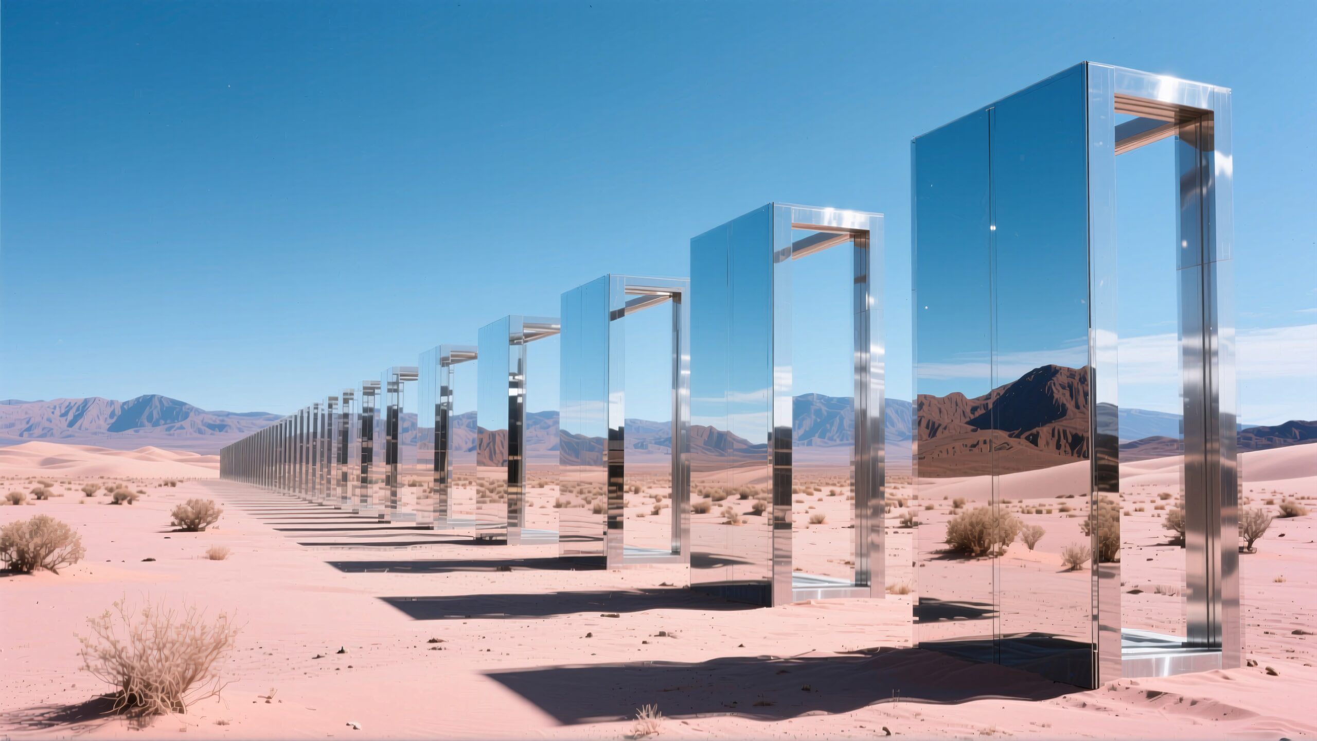Mirrored pillars reflecting desert landscape.