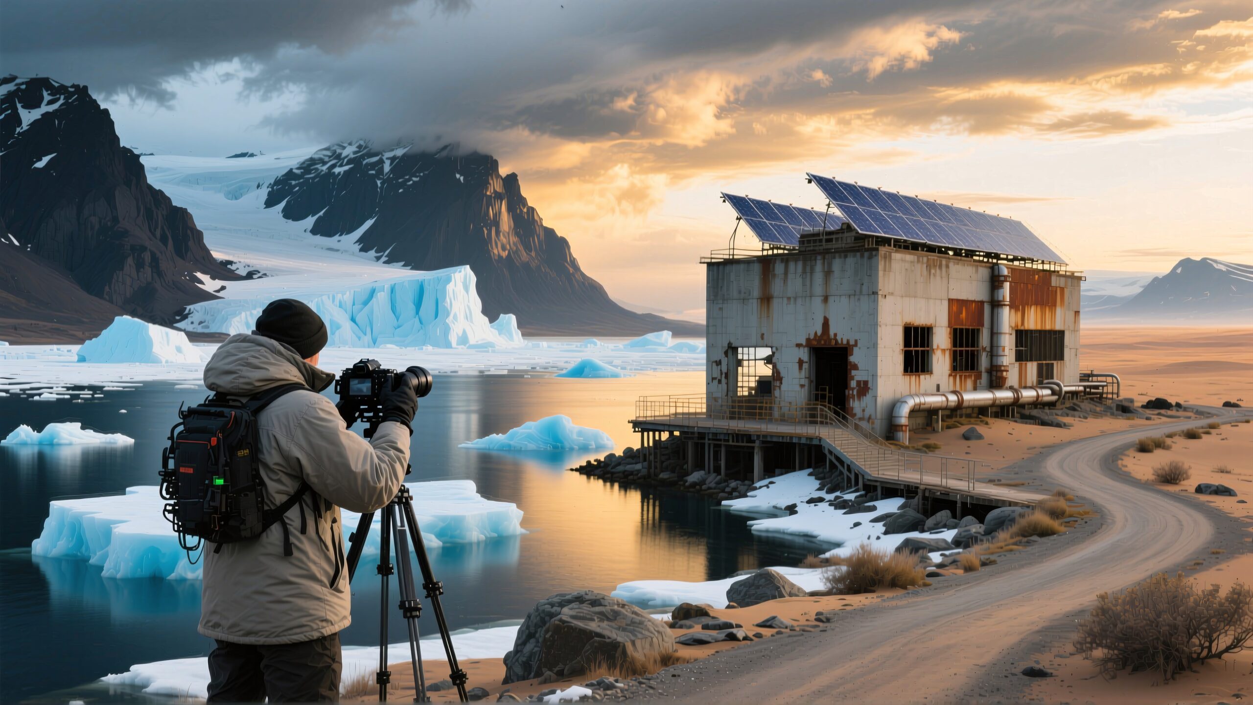 A photographer captures icy landscape at sunset with floating icebergs and a rusting, solar-paneled building.