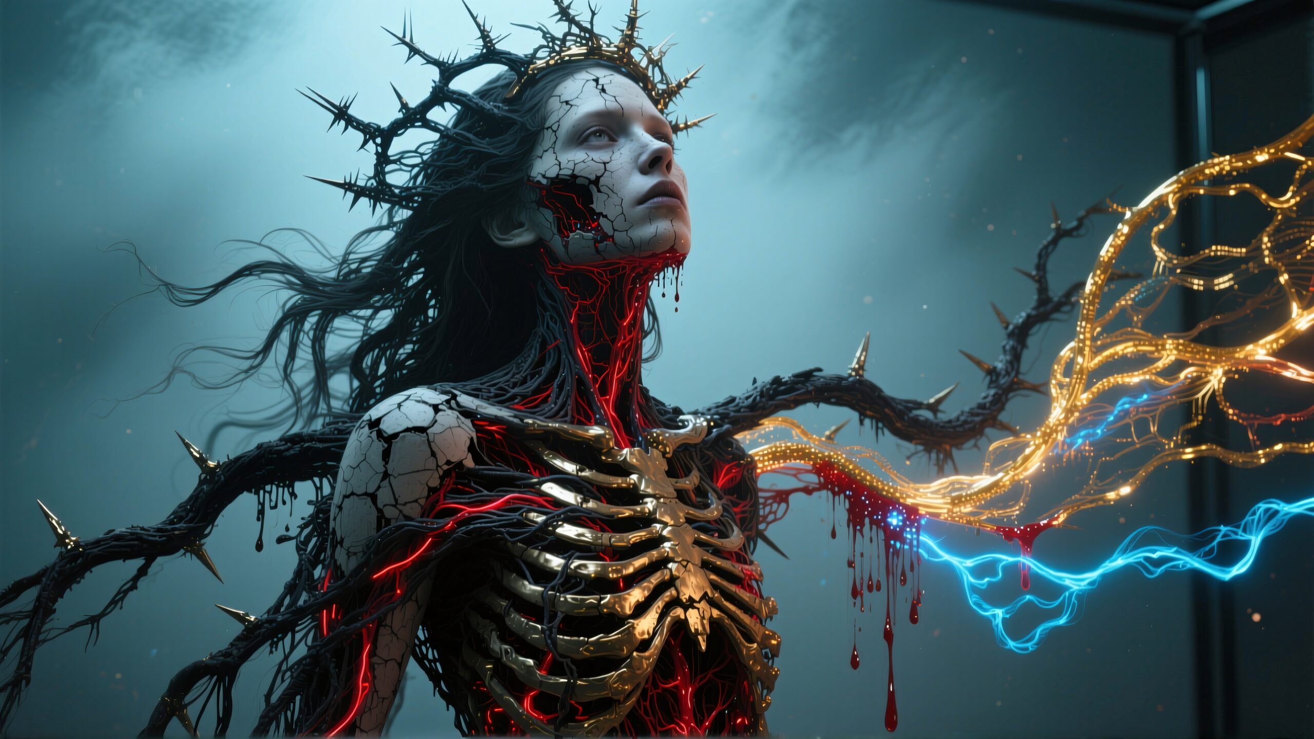 Surreal figure with glowing veins and metallic ribs, combining elements of technology and nature in a misty, ethereal setting.