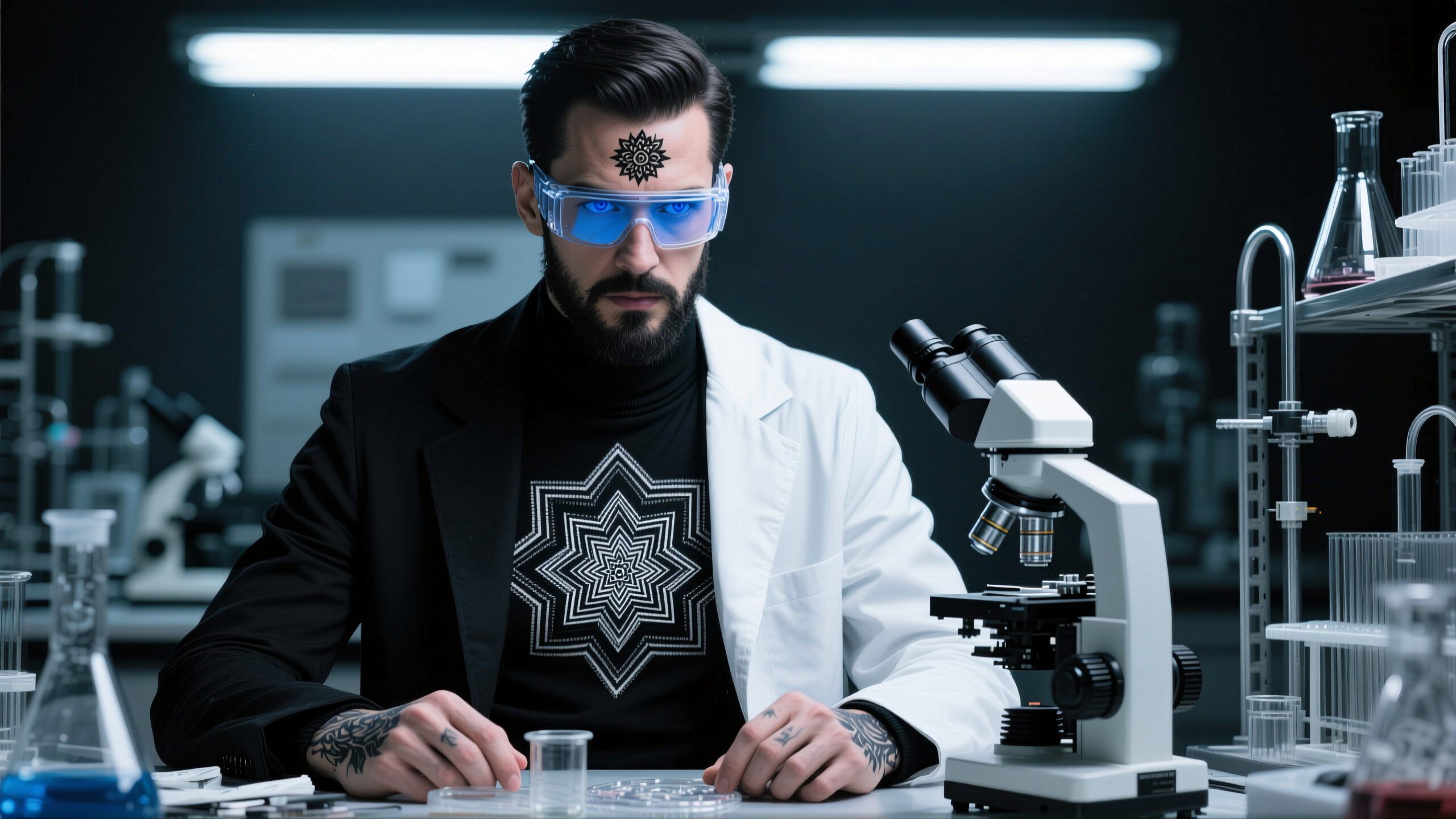 A stylish scientist in a modern lab with geometric patterns and advanced equipment.