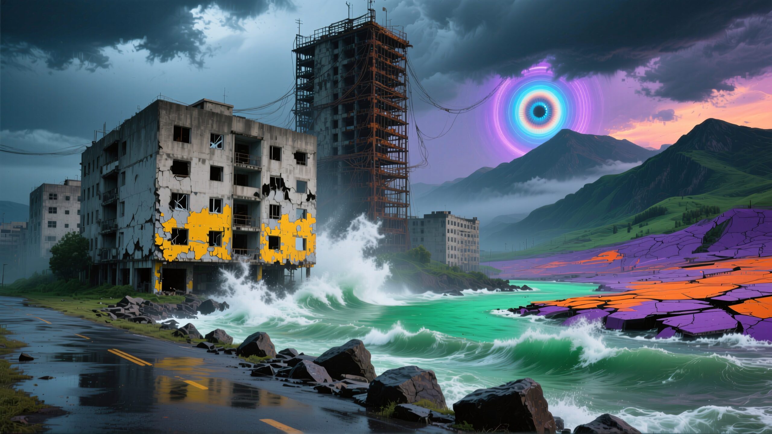A surreal, apocalyptic scene featuring dilapidated buildings, vibrant green waves, and mysterious glowing sky phenomena in a futuristic landscape.