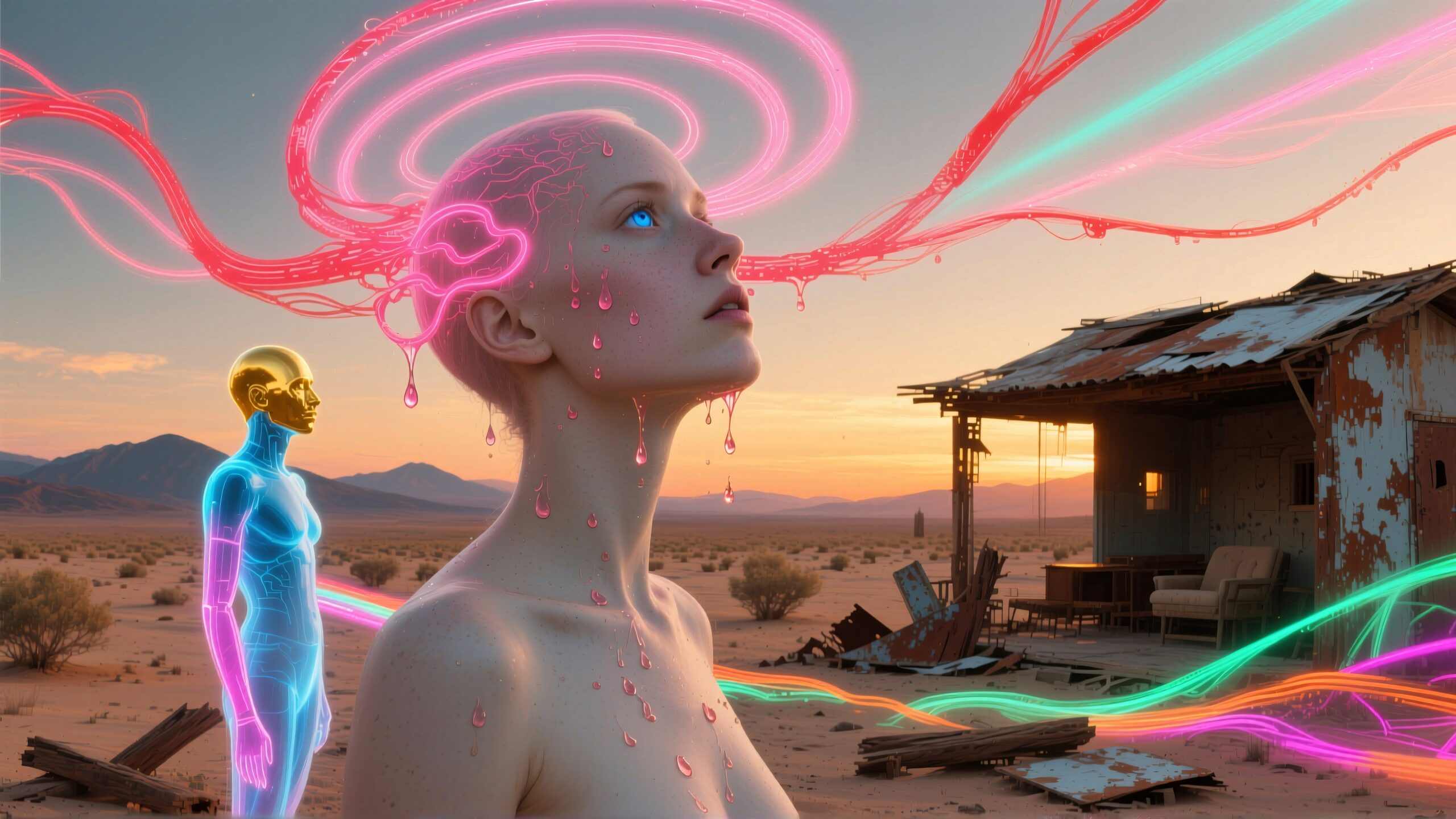A surreal scene of a woman amidst energy streams in a desert landscape at sunset.