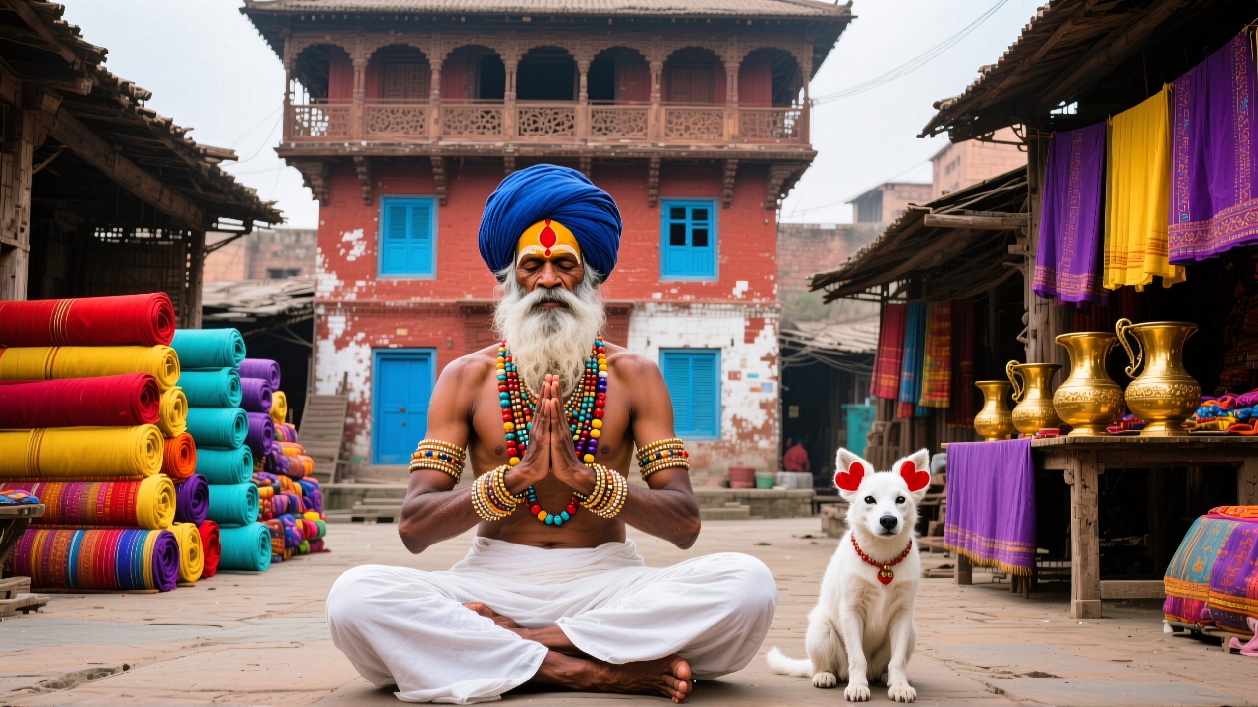 A man meditates in a colorful market, surrounded by vibrant fabrics, a decorative dog, and traditional goods.