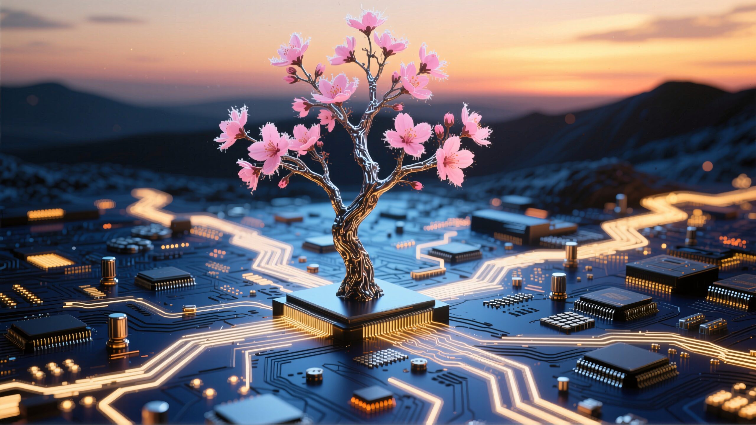 Metallic tree with cherry blossoms on a circuit board under a sunset sky.