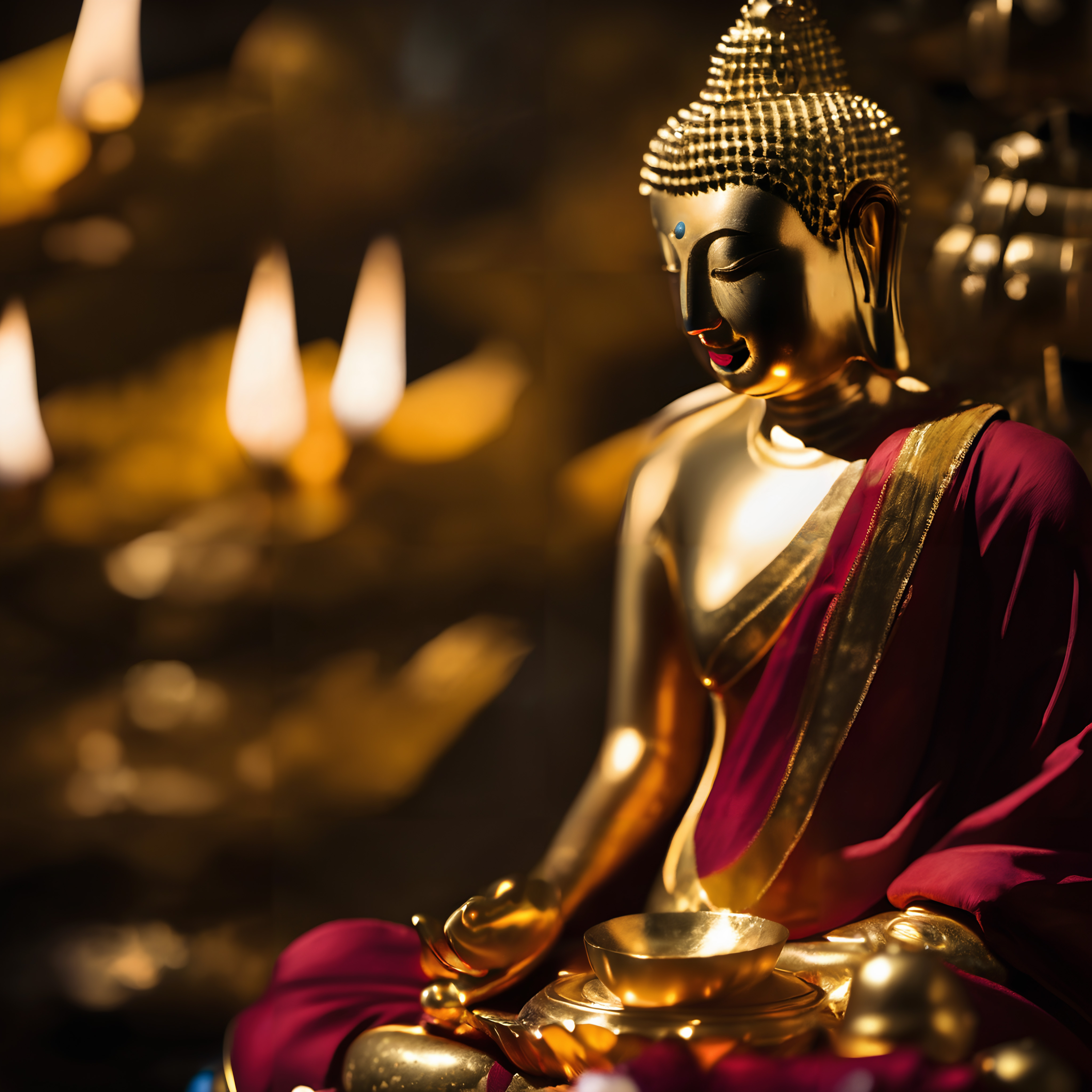 Golden Buddha statue draped in maroon robe meditating peacefully with warm, soft lighting.