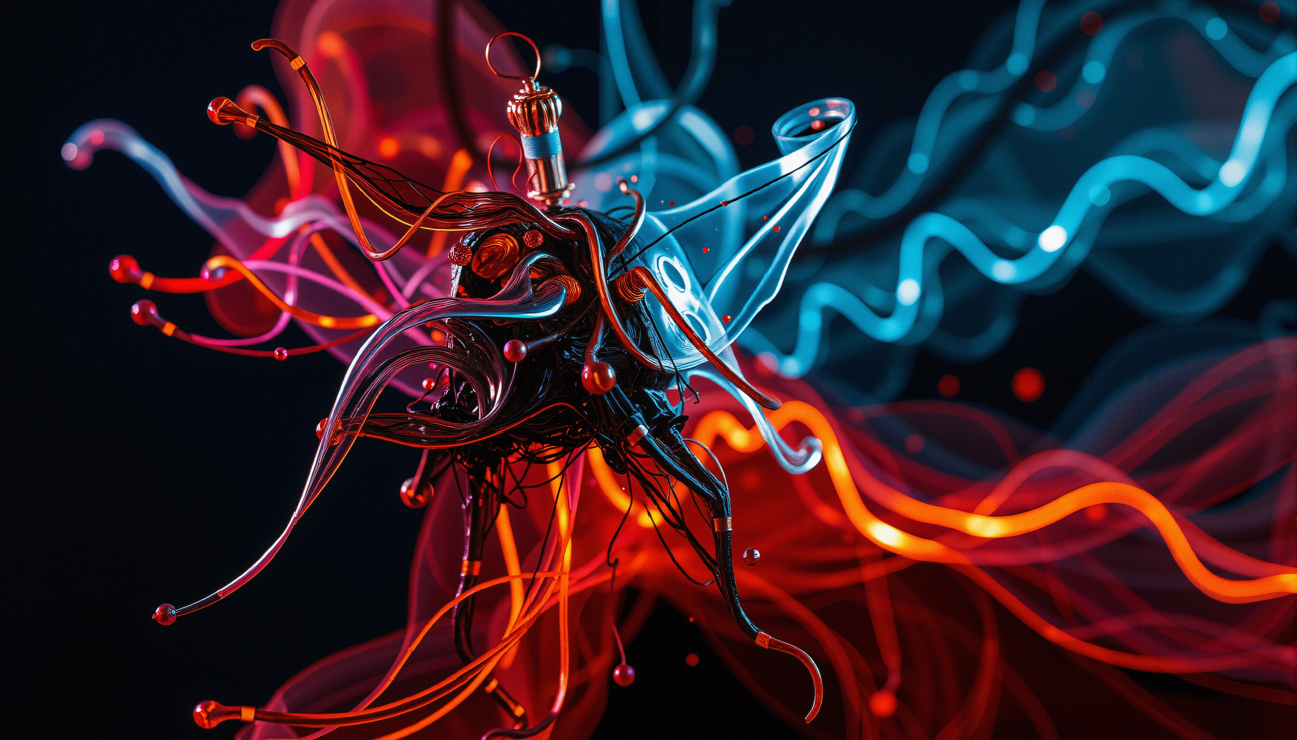 Abstract futuristic design with swirling red and blue tendrils and central metallic structure.