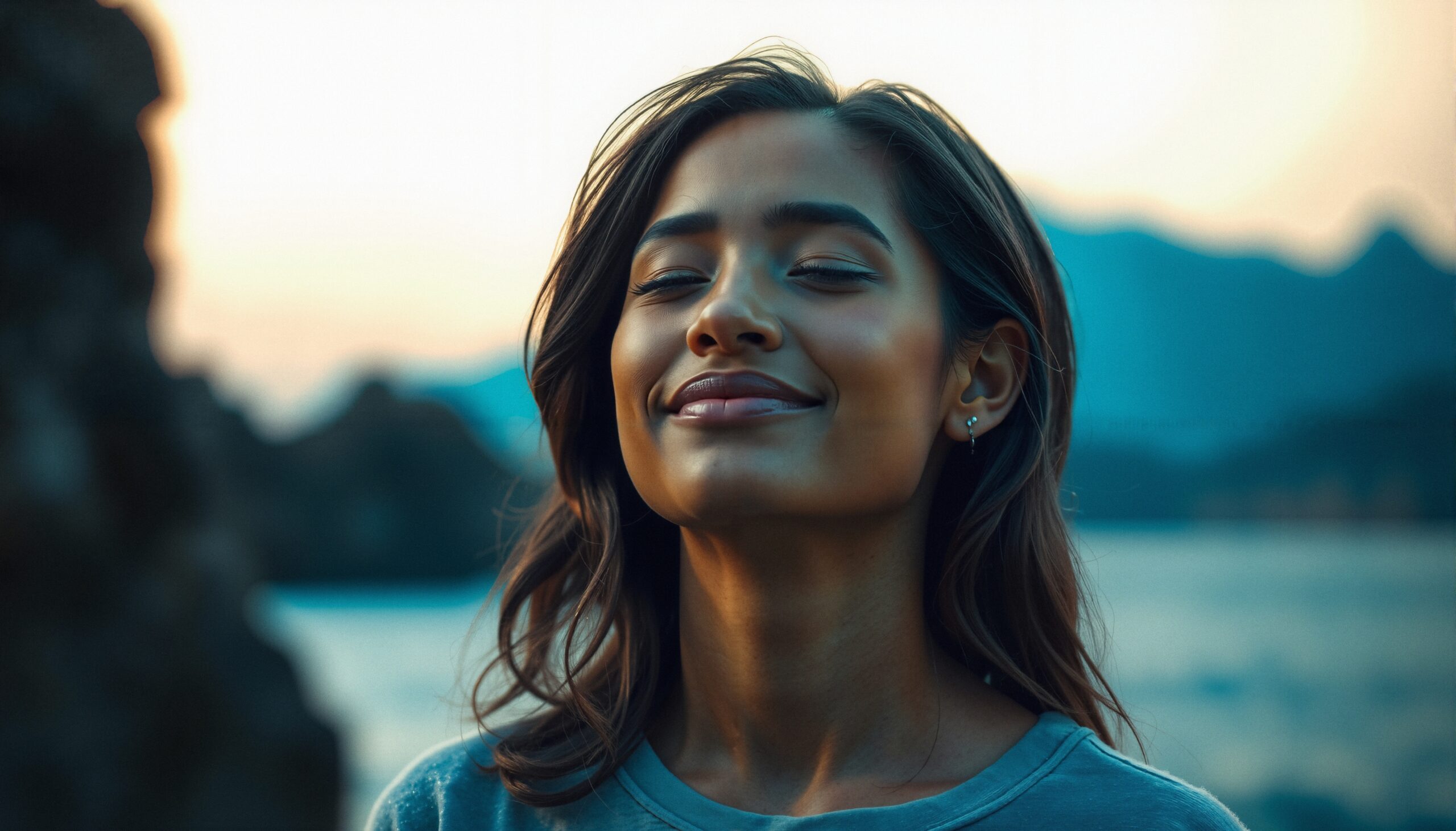 A serene woman with eyes closed enjoys the peaceful outdoor setting against a blurred background of mountains and water during sunset.