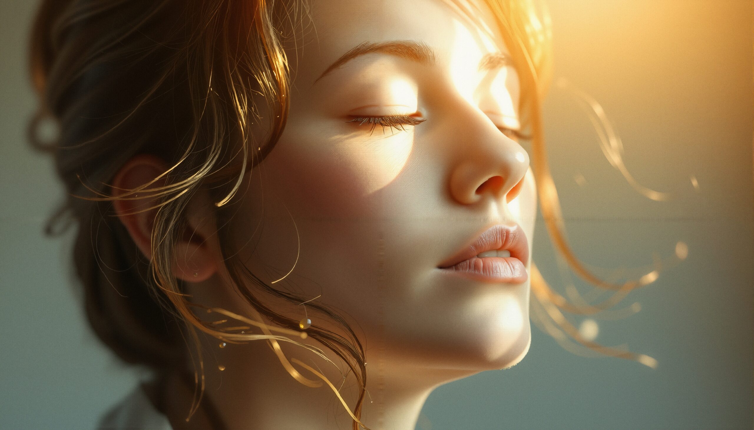 A serene young woman enjoys sunlight with eyes closed, capturing a moment of tranquility and natural beauty.