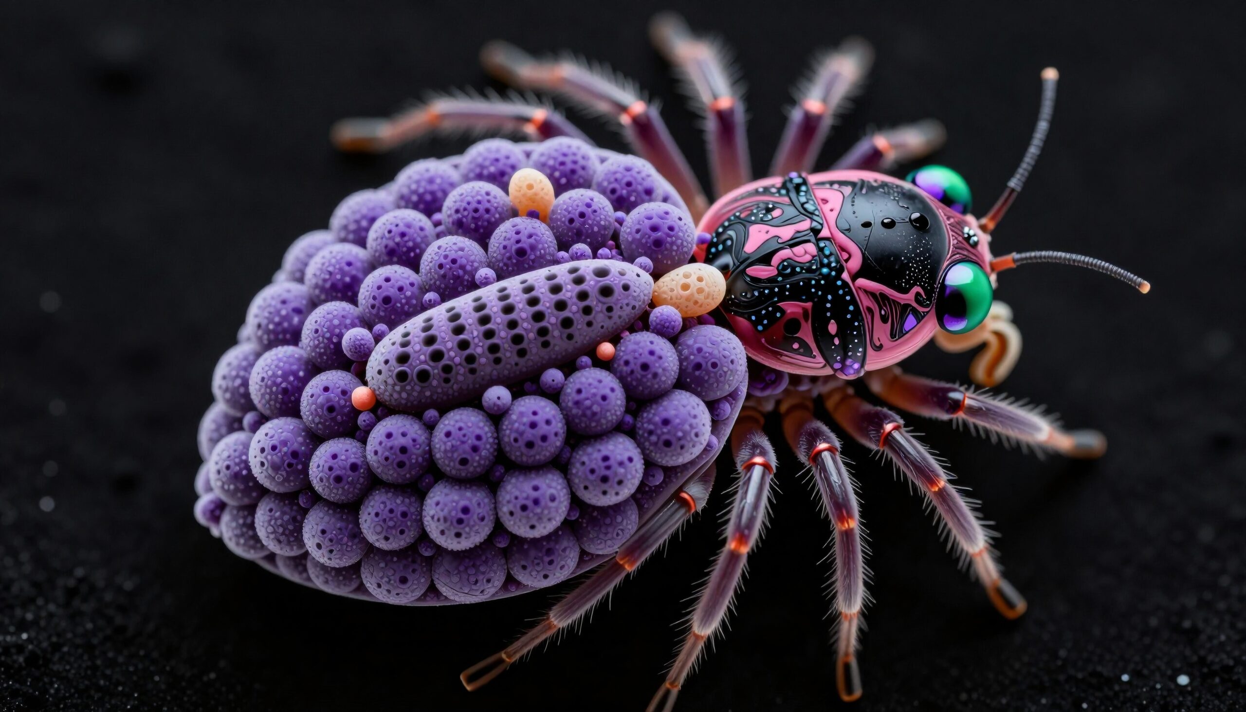 A colorful, abstract spider-like creature with vibrant textures and unique patterns against a dark background.