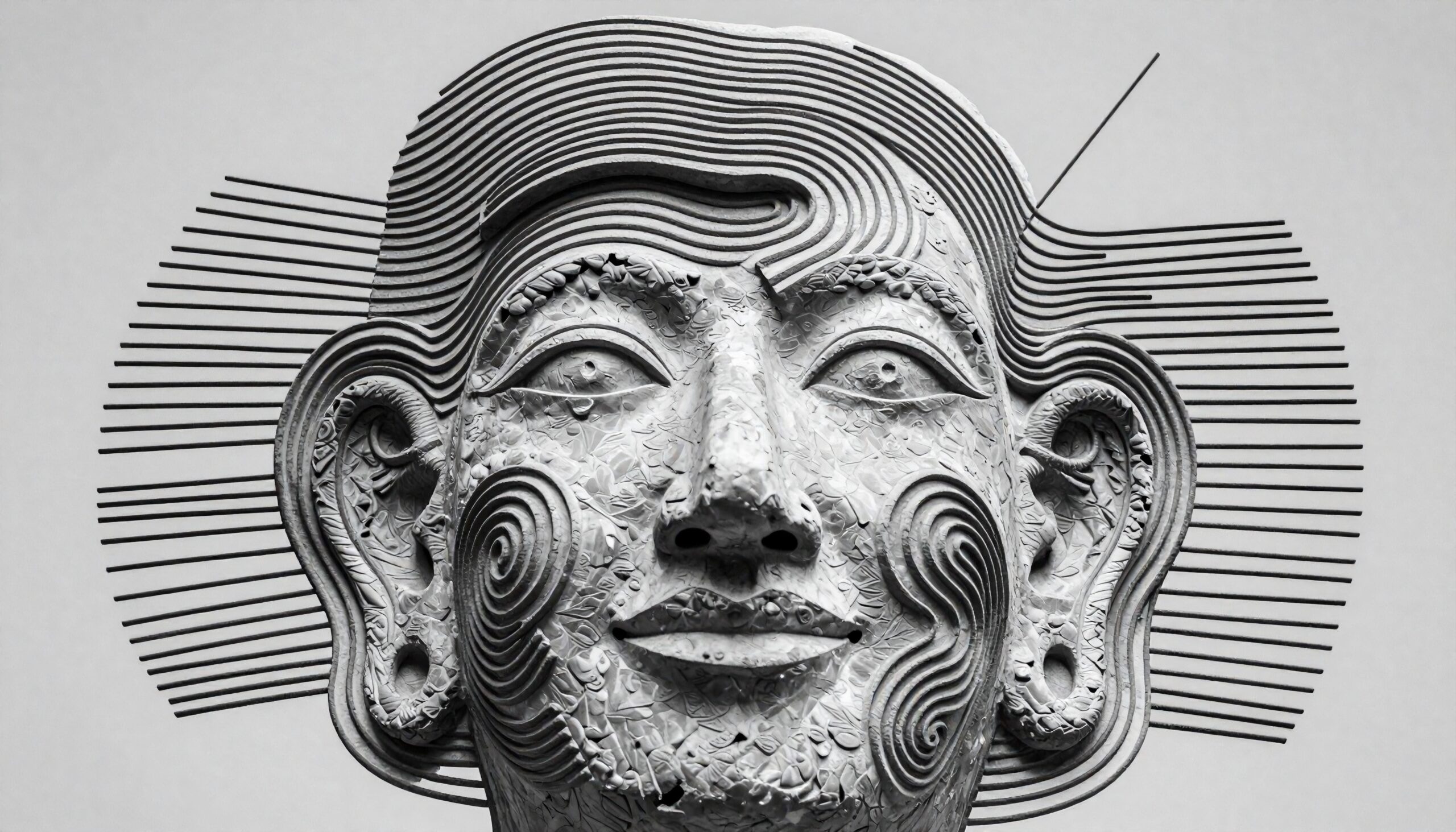 A monochrome abstract sculpture with intricate swirling patterns and extending lines radiating from the face.