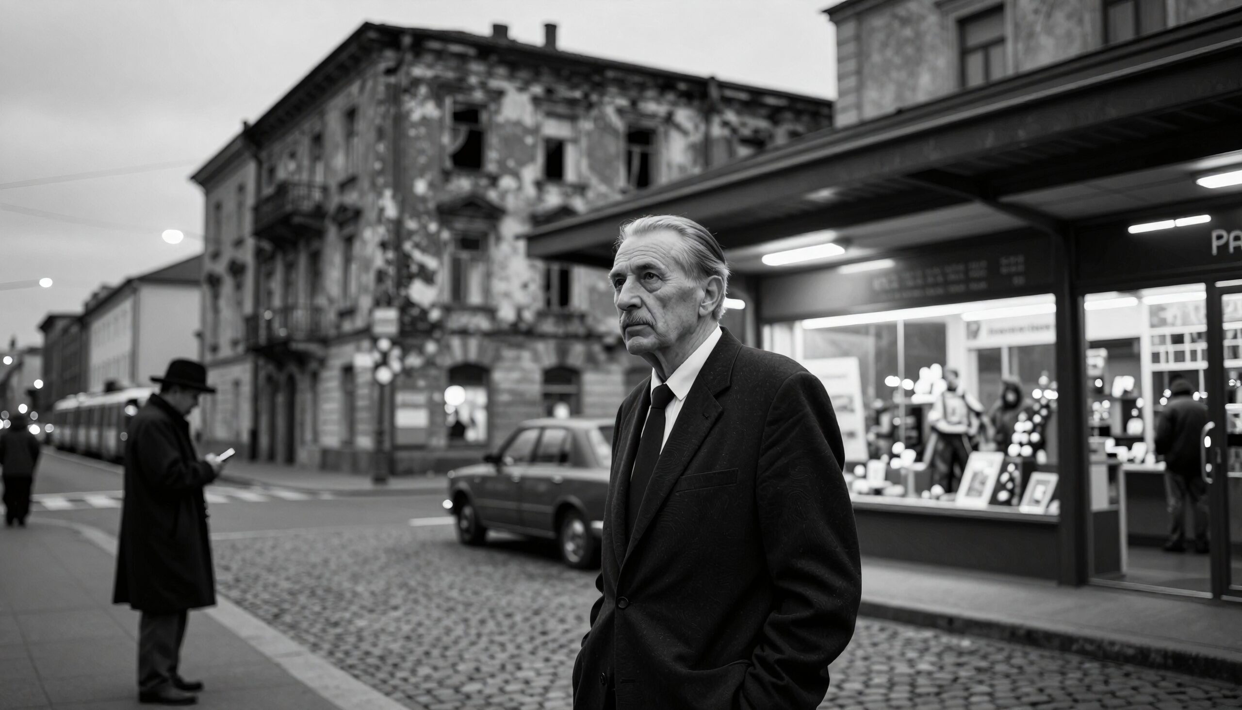 Black and white photo of a distinguished man on an urban street with a mix of historic and modern elements in the background.
