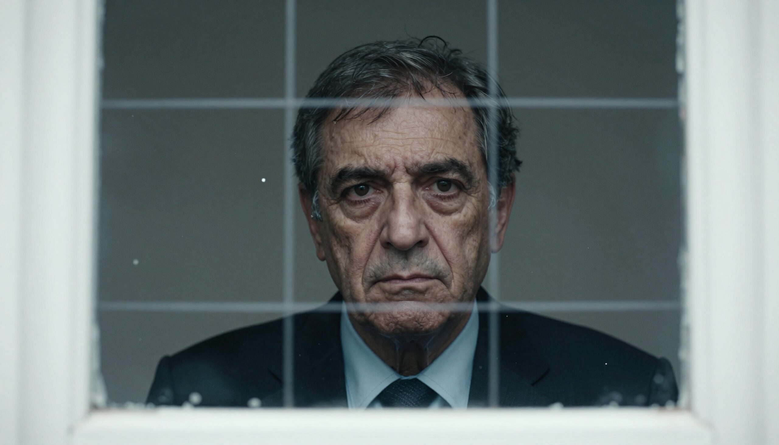 Elderly man gazes seriously through a window.