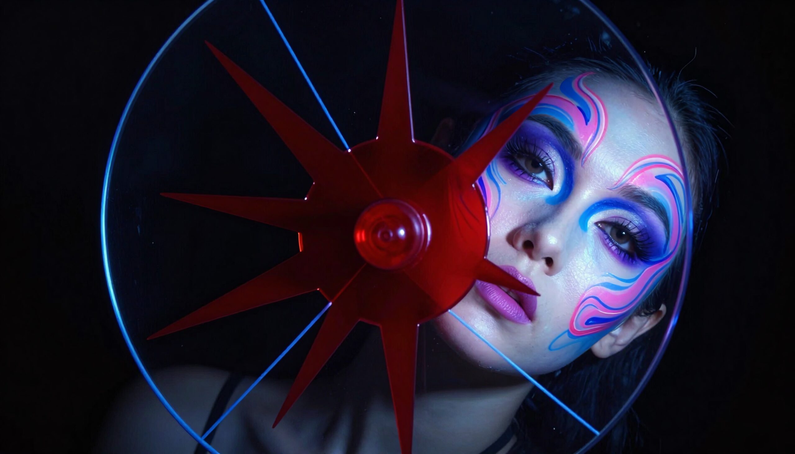A person with intricate blue and pink makeup looking through red star-shaped art against a dark backdrop.
