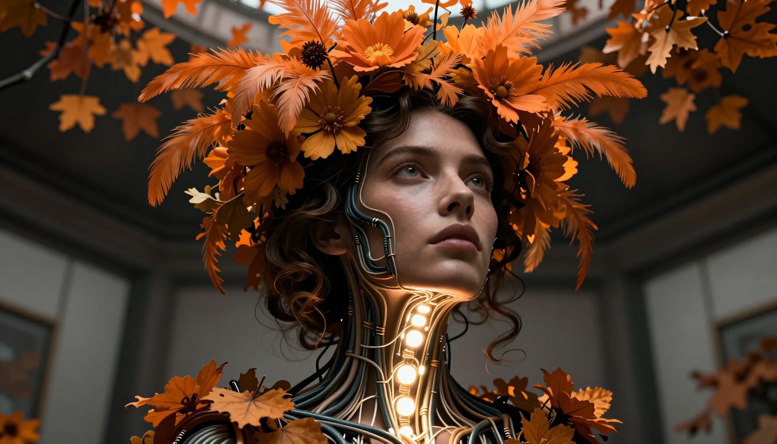 A woman adorned with autumnal flowers and metallic elements, symbolizing the fusion of nature and technology.